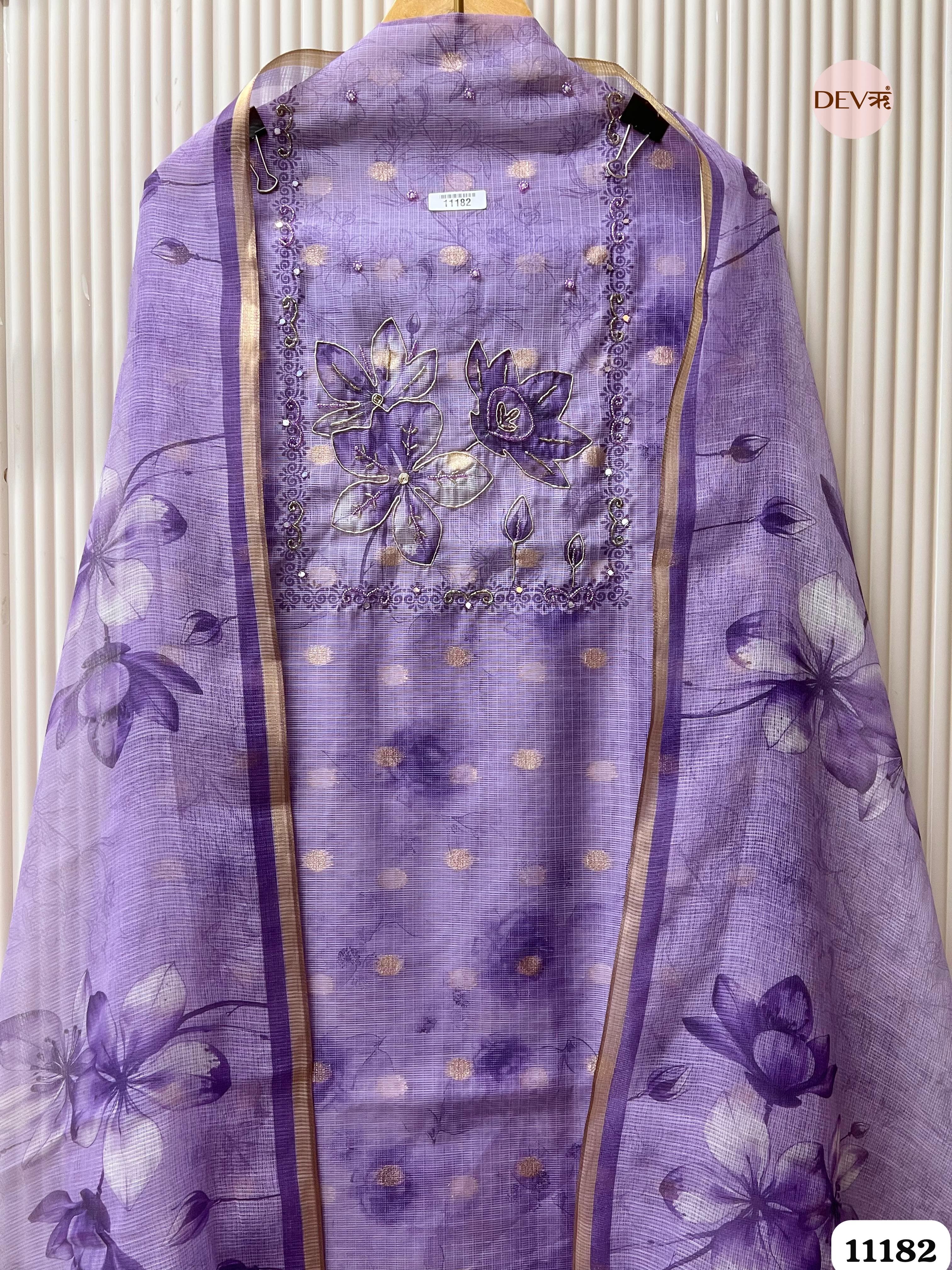 Purple Kota Silk Unstitched Hand Embroidered Printed -Set Of 3