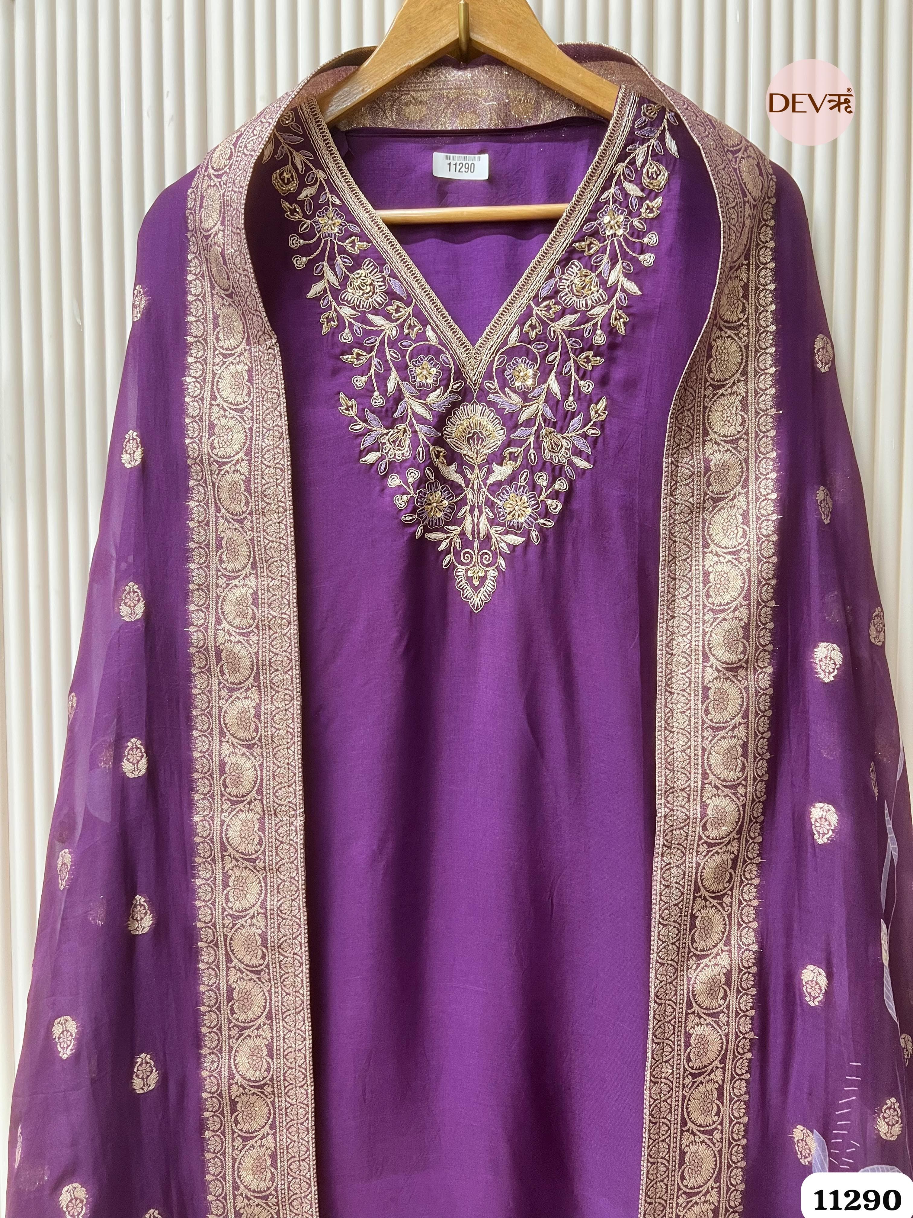 Purple Silk Unstitched Hand Embroidered -Set Of 3 {11290}
