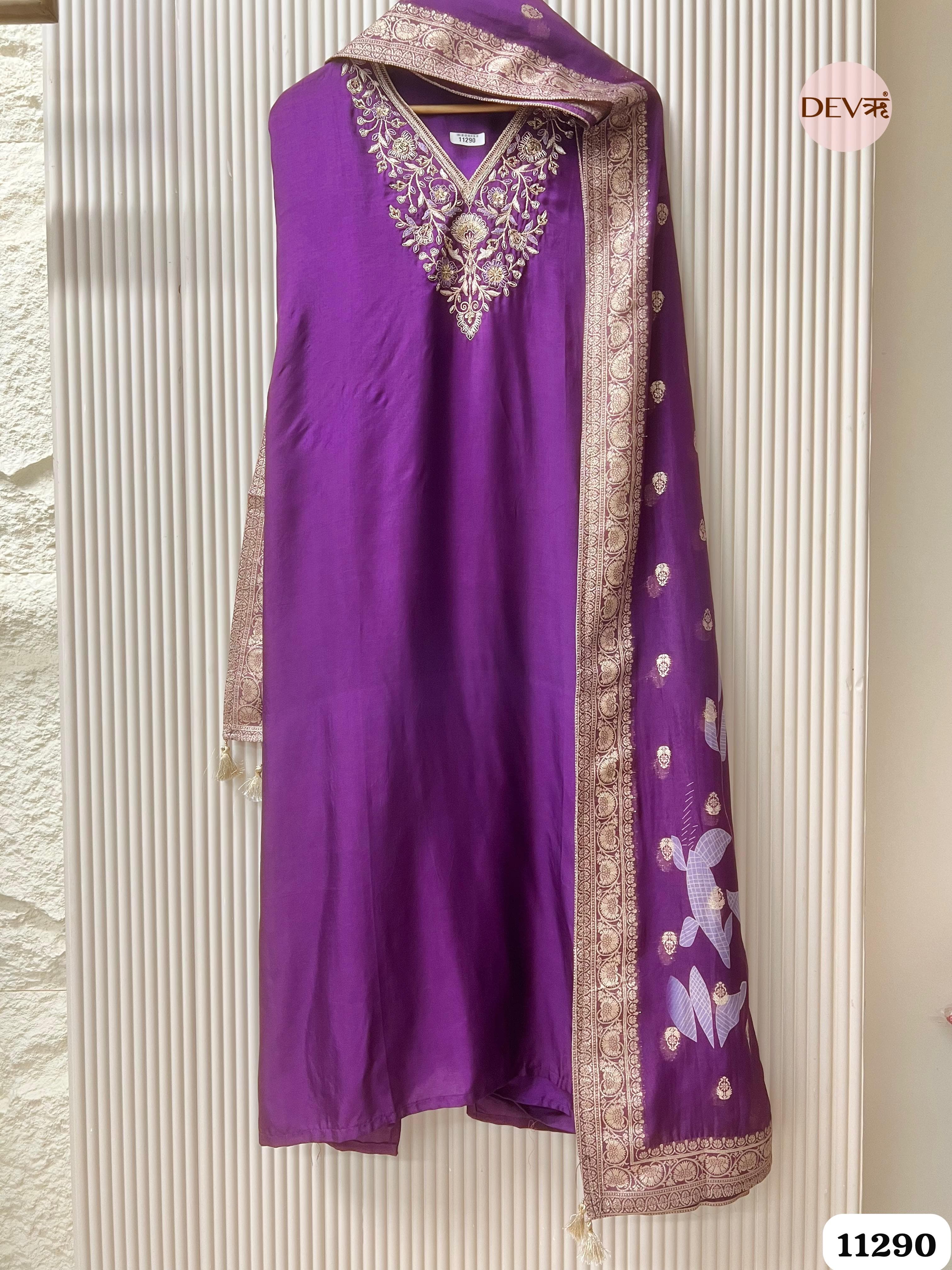 Purple Silk Unstitched Hand Embroidered -Set Of 3 {11290}