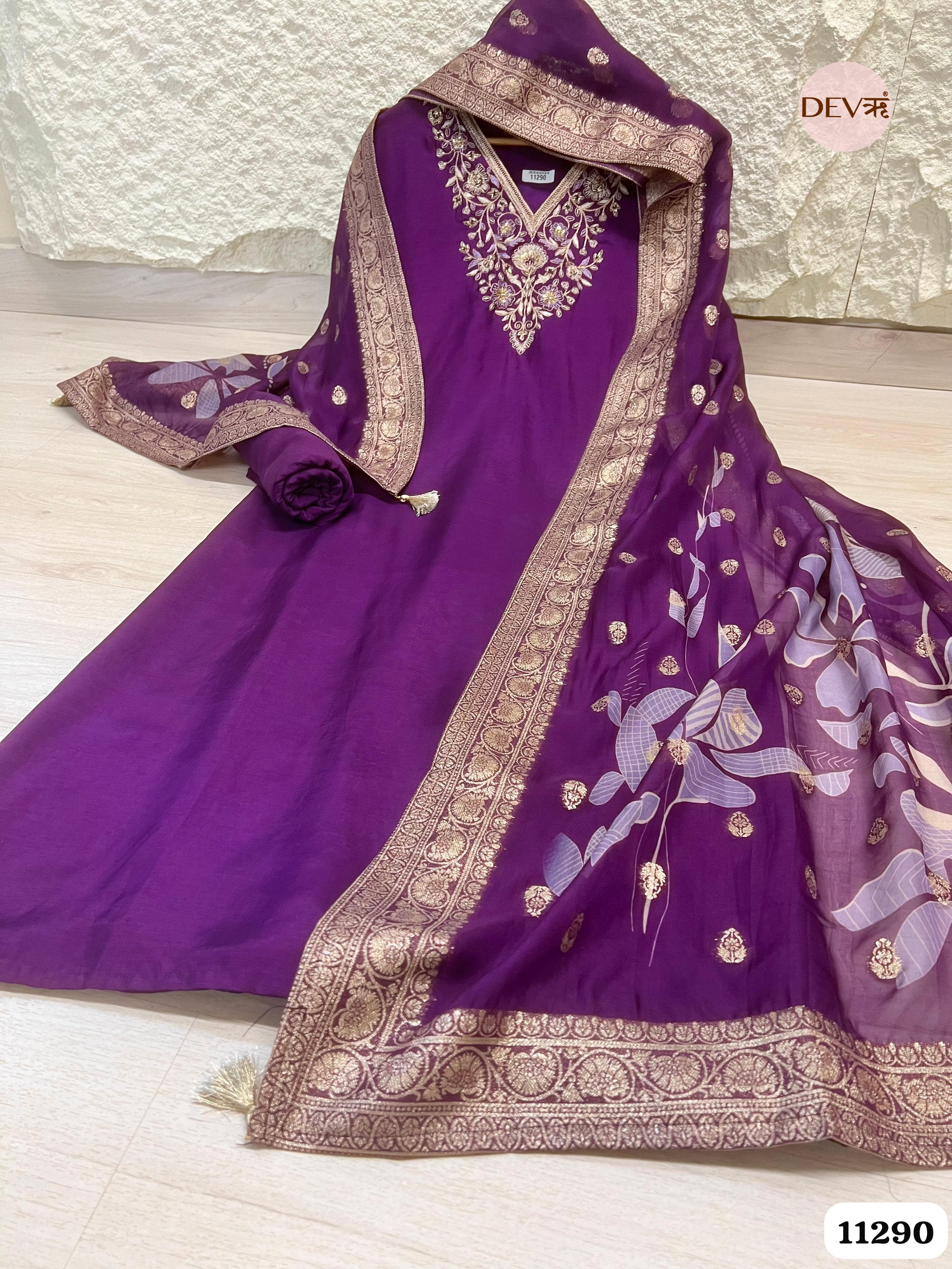 Purple Silk Unstitched Hand Embroidered -Set Of 3 {11290}