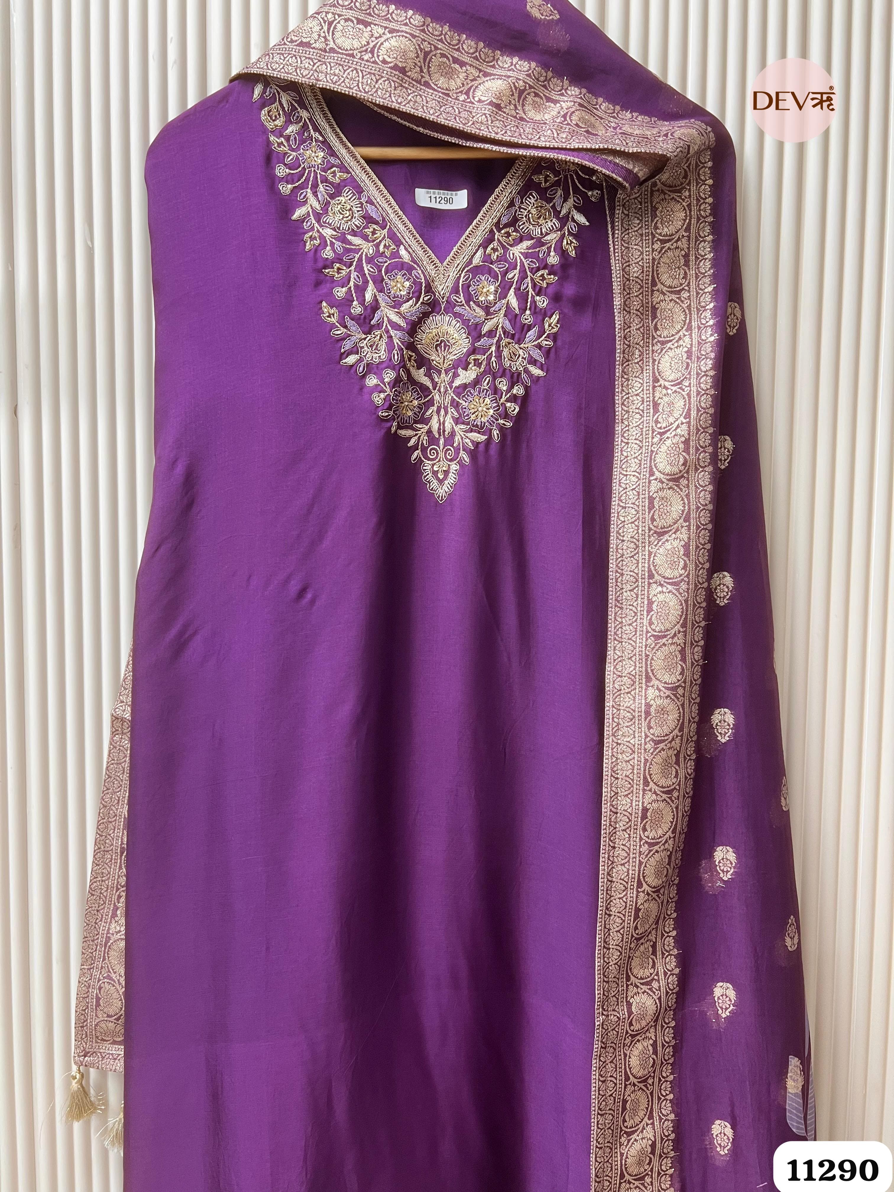 Purple Silk Unstitched Hand Embroidered -Set Of 3 {11290}