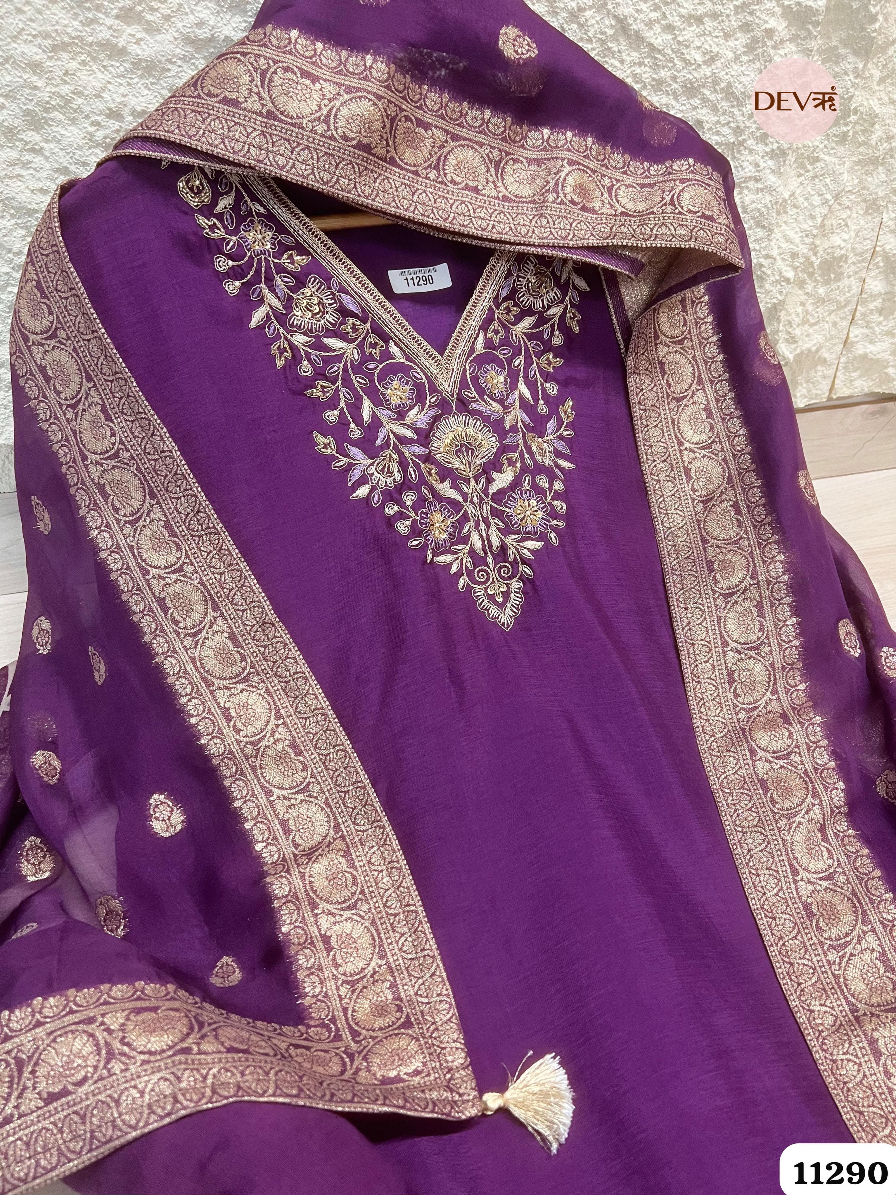 Purple Silk Unstitched Hand Embroidered -Set Of 3 {11290}