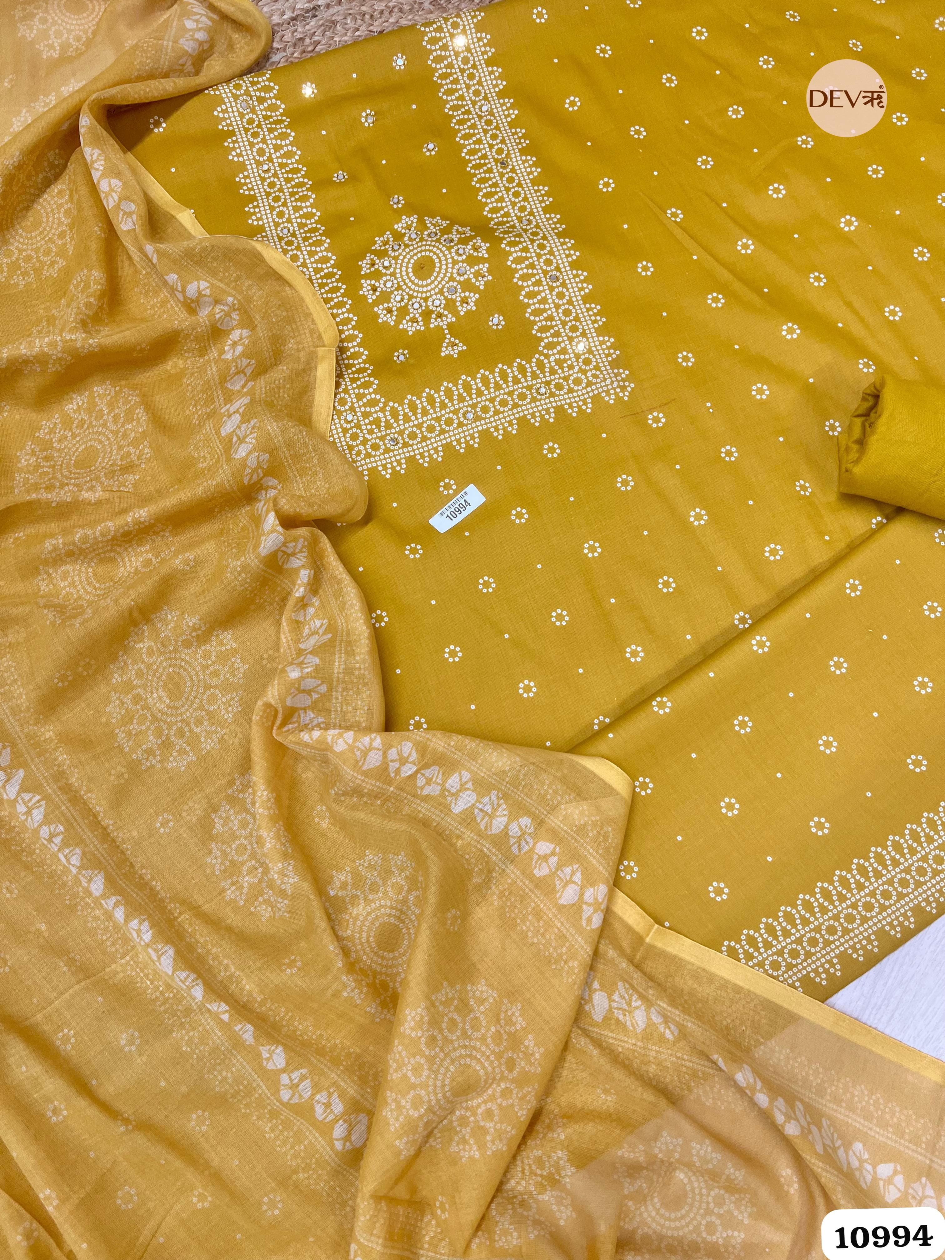 Yellow Cotton Printed Hand Embroidered -Set Of 3