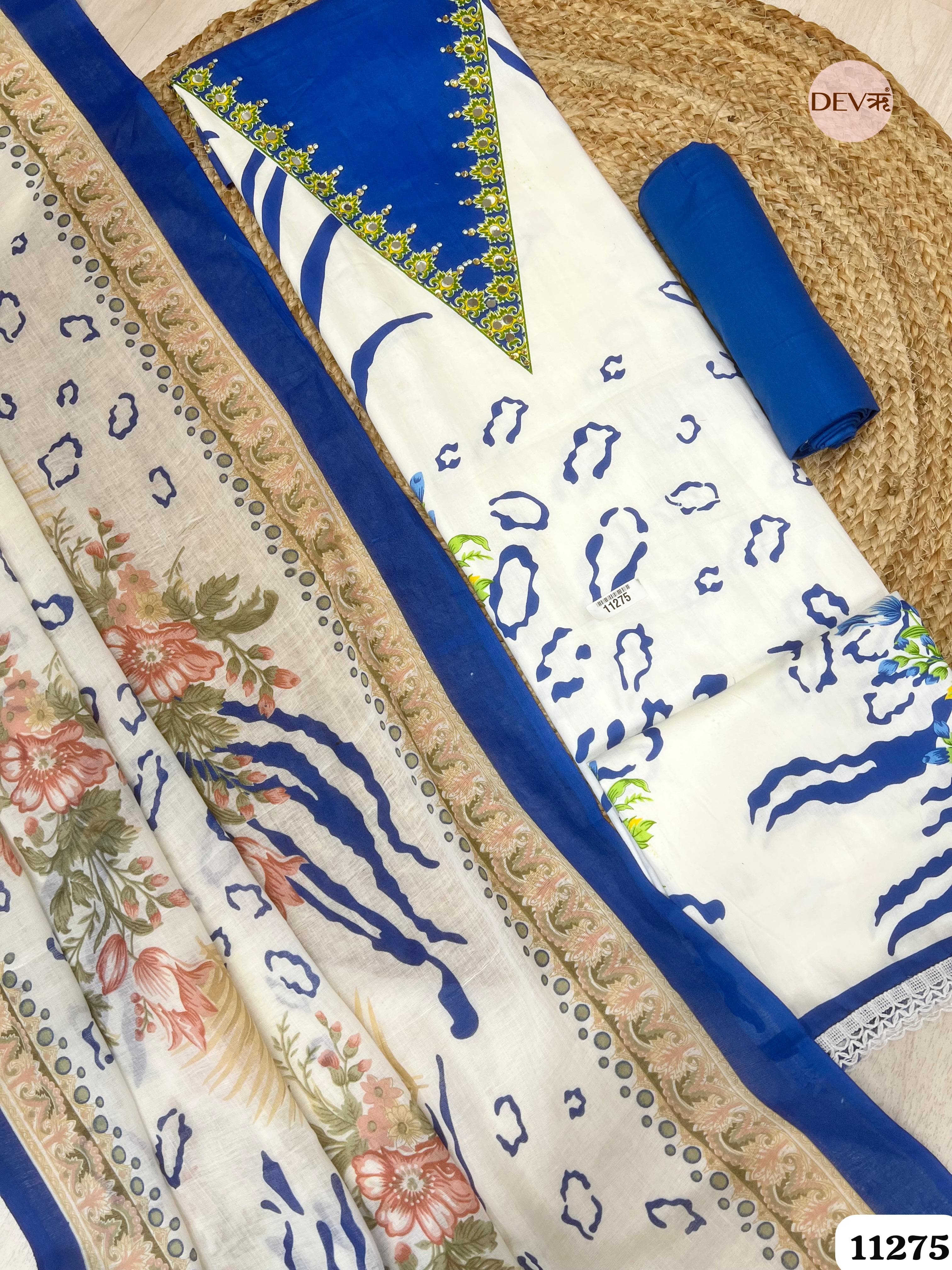 White Cotton Printed Hand Embroidered -Set Of 3