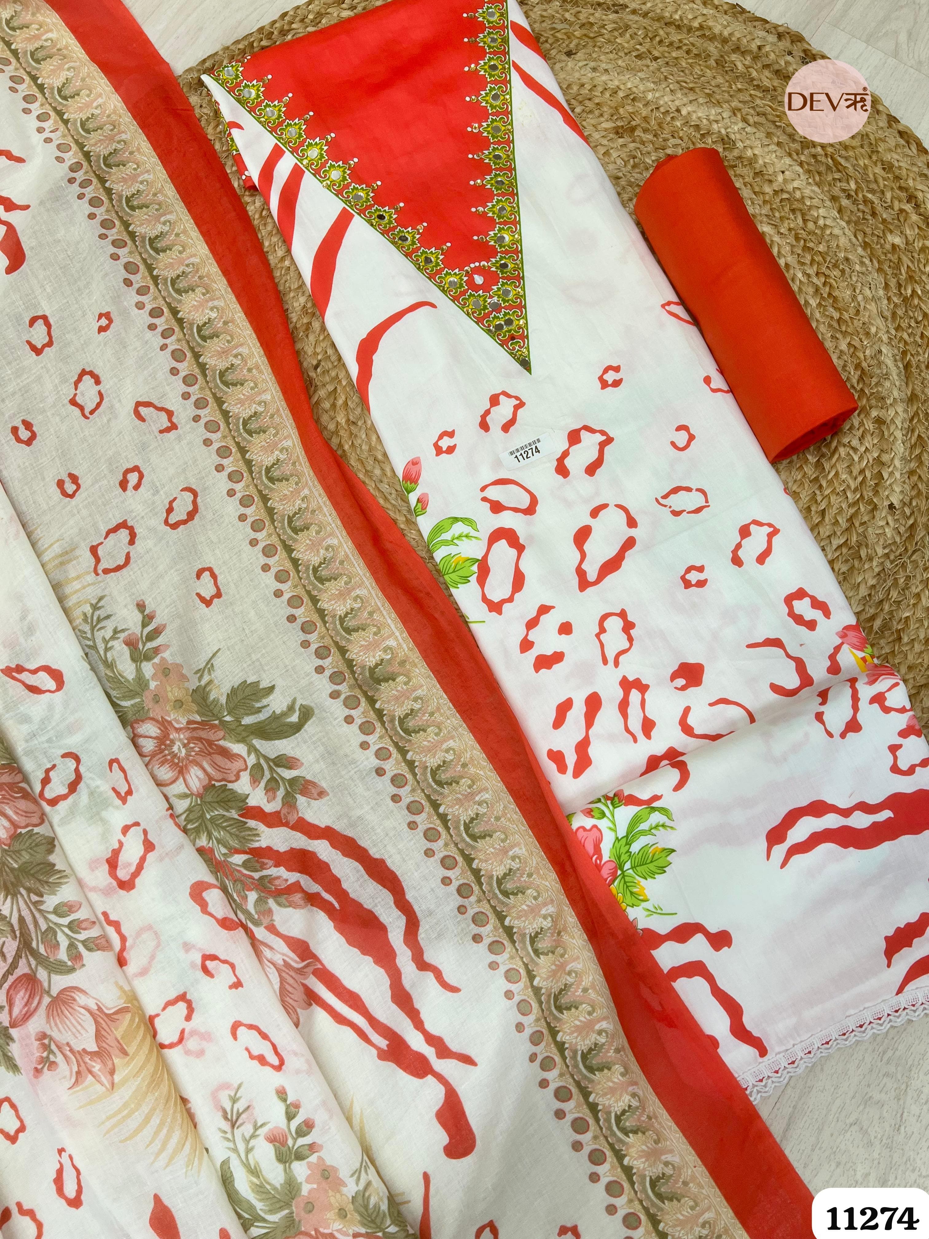White Cotton Printed Hand Embroidered -Set Of 3 {11274}