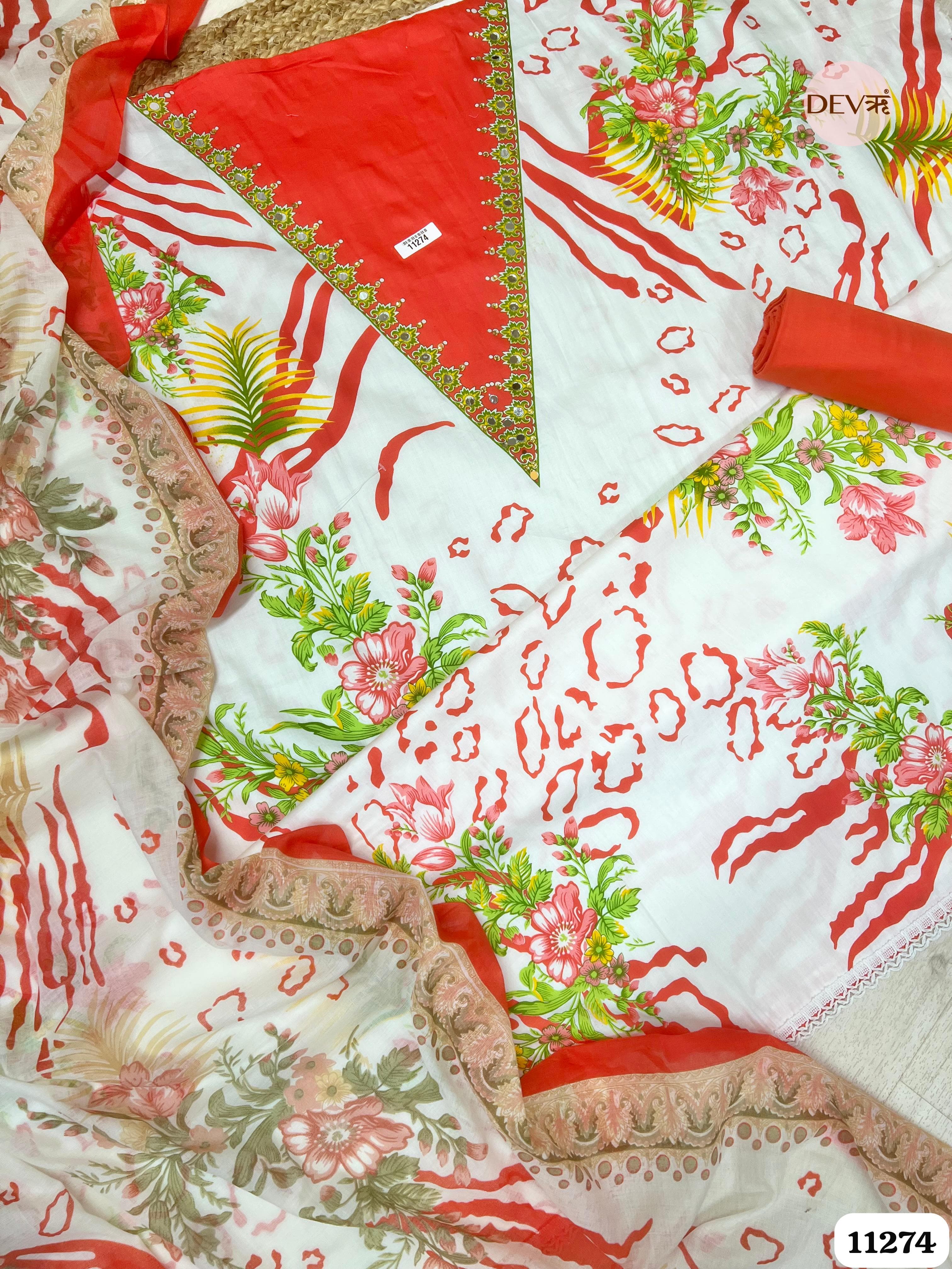 White Cotton Printed Hand Embroidered -Set Of 3 {11274}
