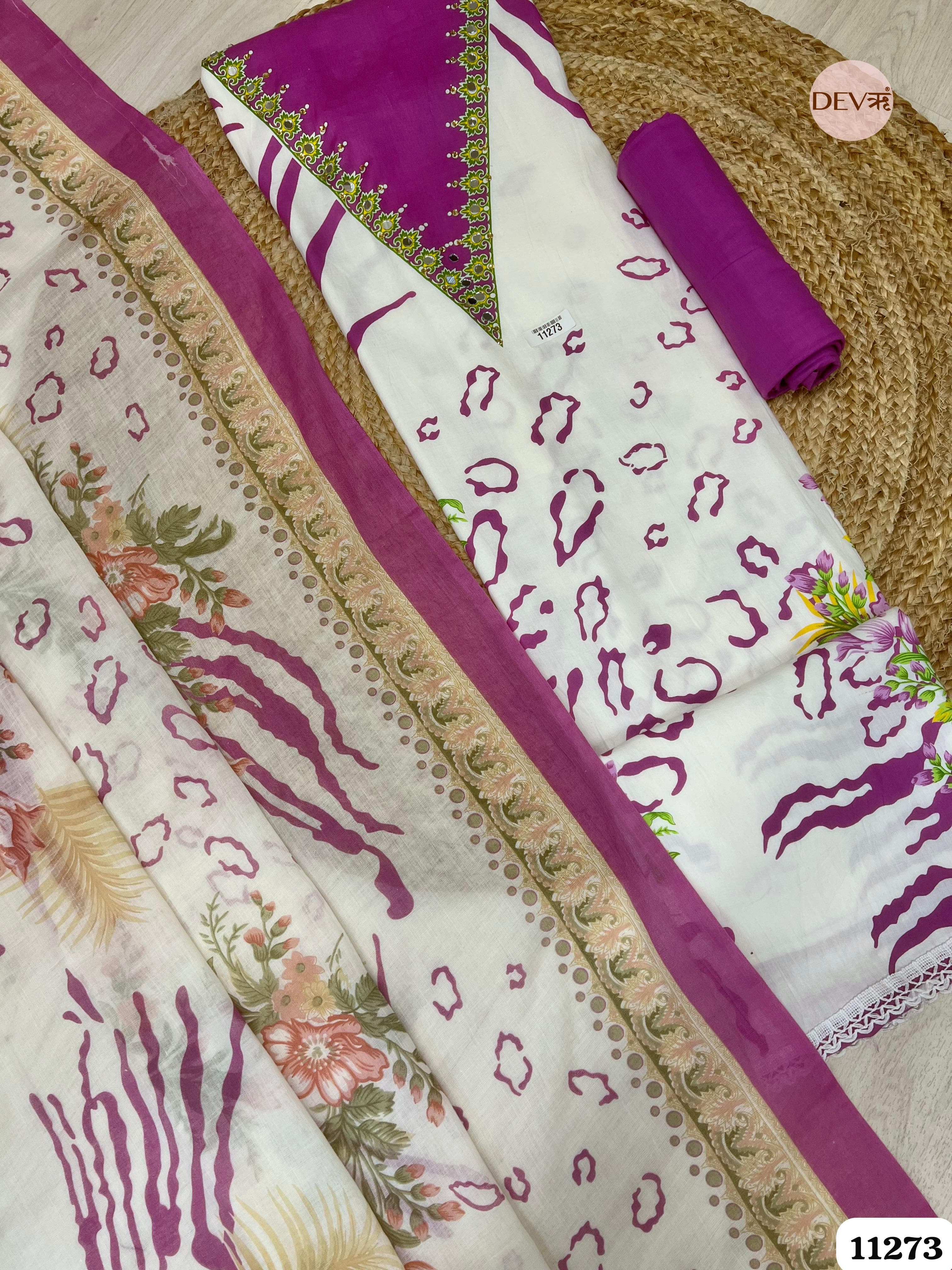 White Cotton Printed Hand Embroidered -Set Of 3 {11273}