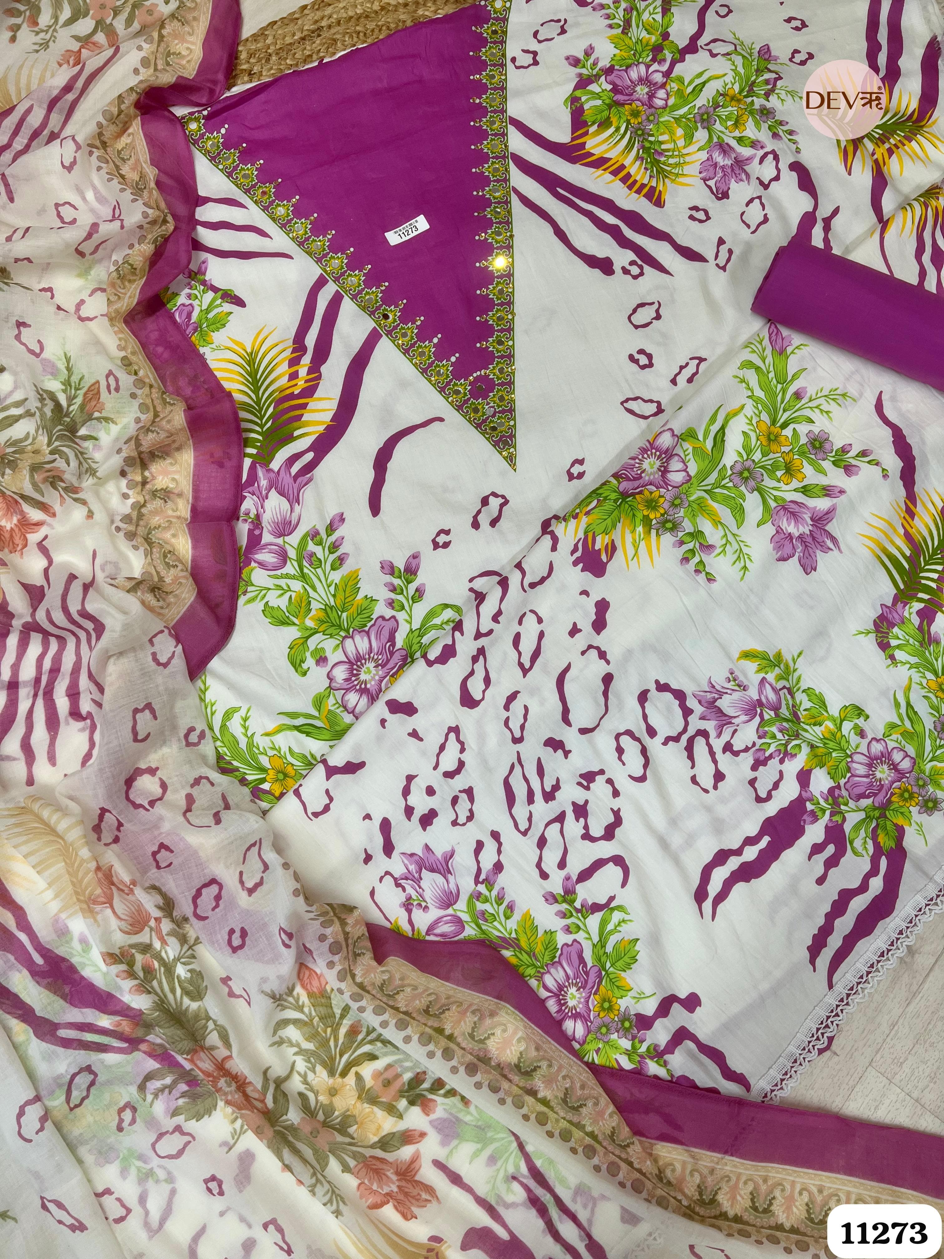 White Cotton Printed Hand Embroidered -Set Of 3 {11273}