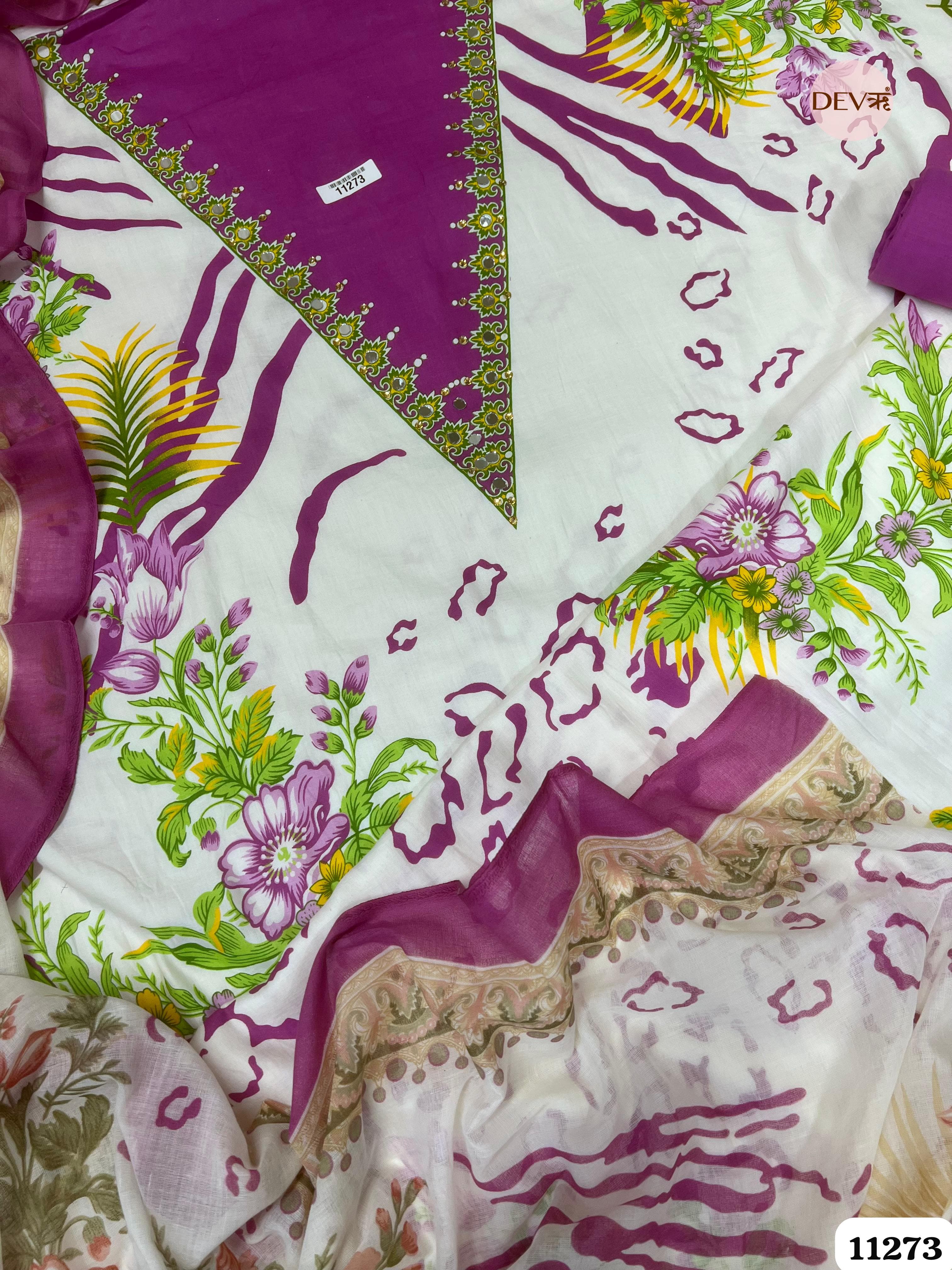 White Cotton Printed Hand Embroidered -Set Of 3 {11273}