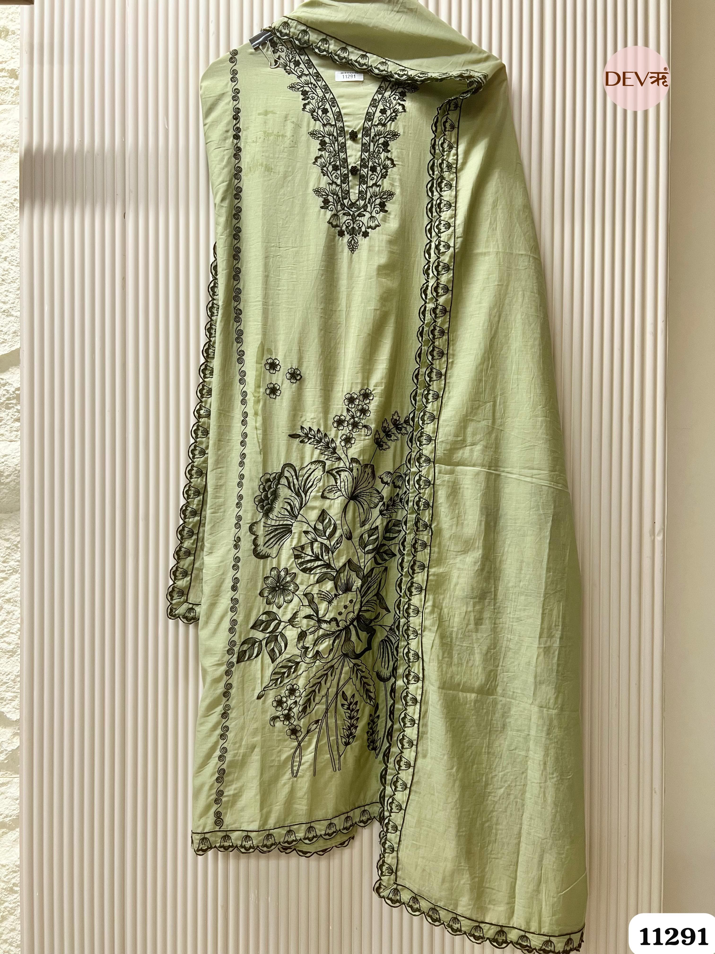 Green Mul Chanderi Unstitched Embroidered -Set Of 3