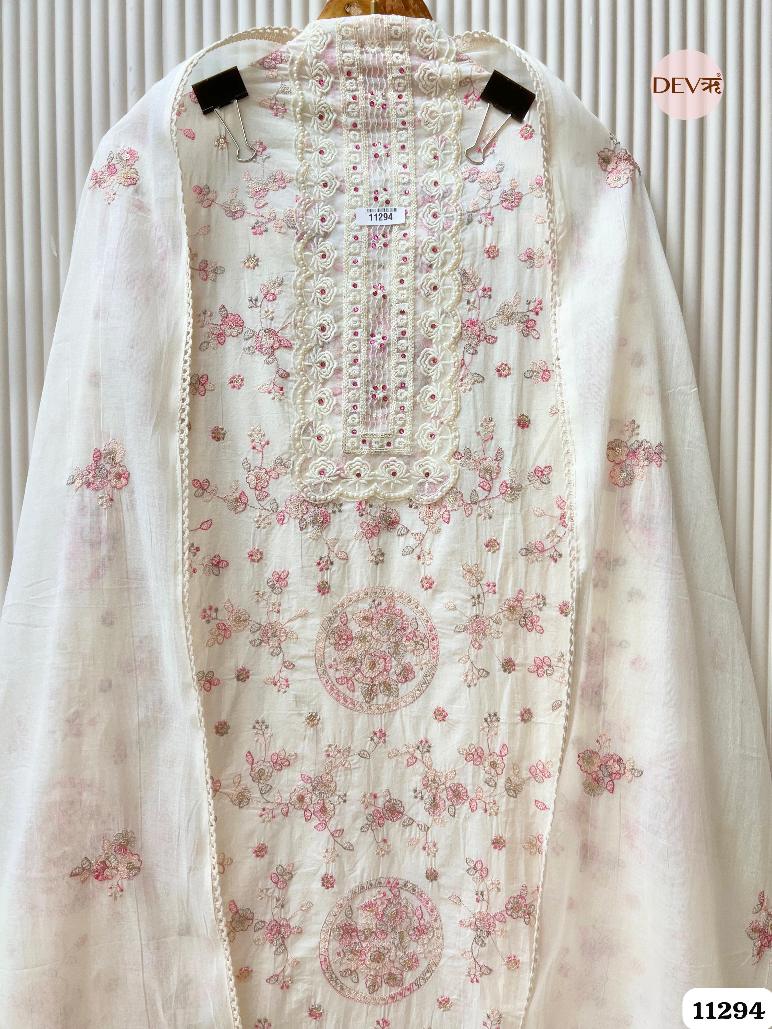 White Mul Cotton Unstitched Embroidered -Set Of 3 {11294}