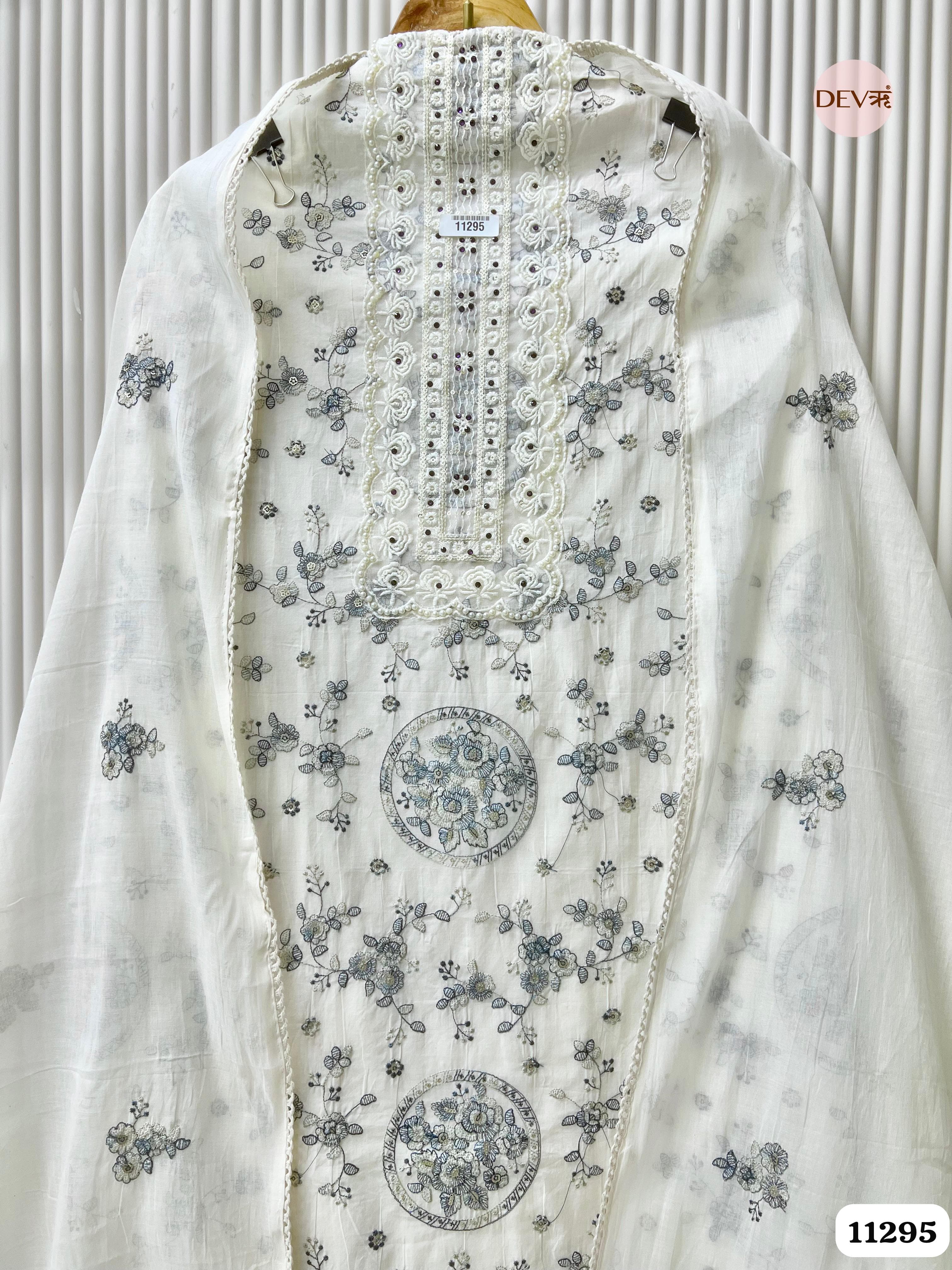 White Mul Cotton Unstitched Embroidered -Set Of 3 {11295}