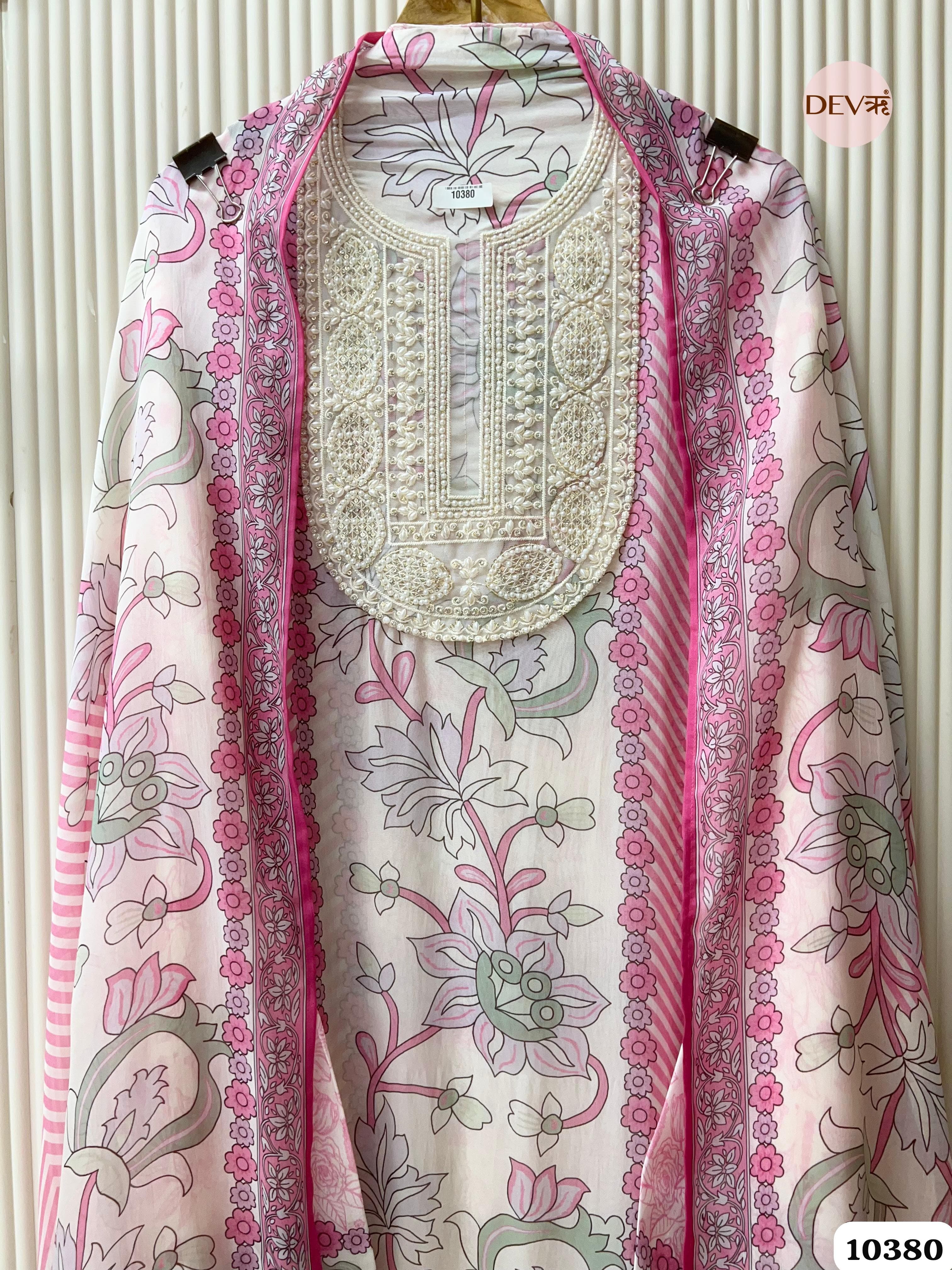 Pink Organza Printed Unstitched Hand Embroidered -Set Of 3