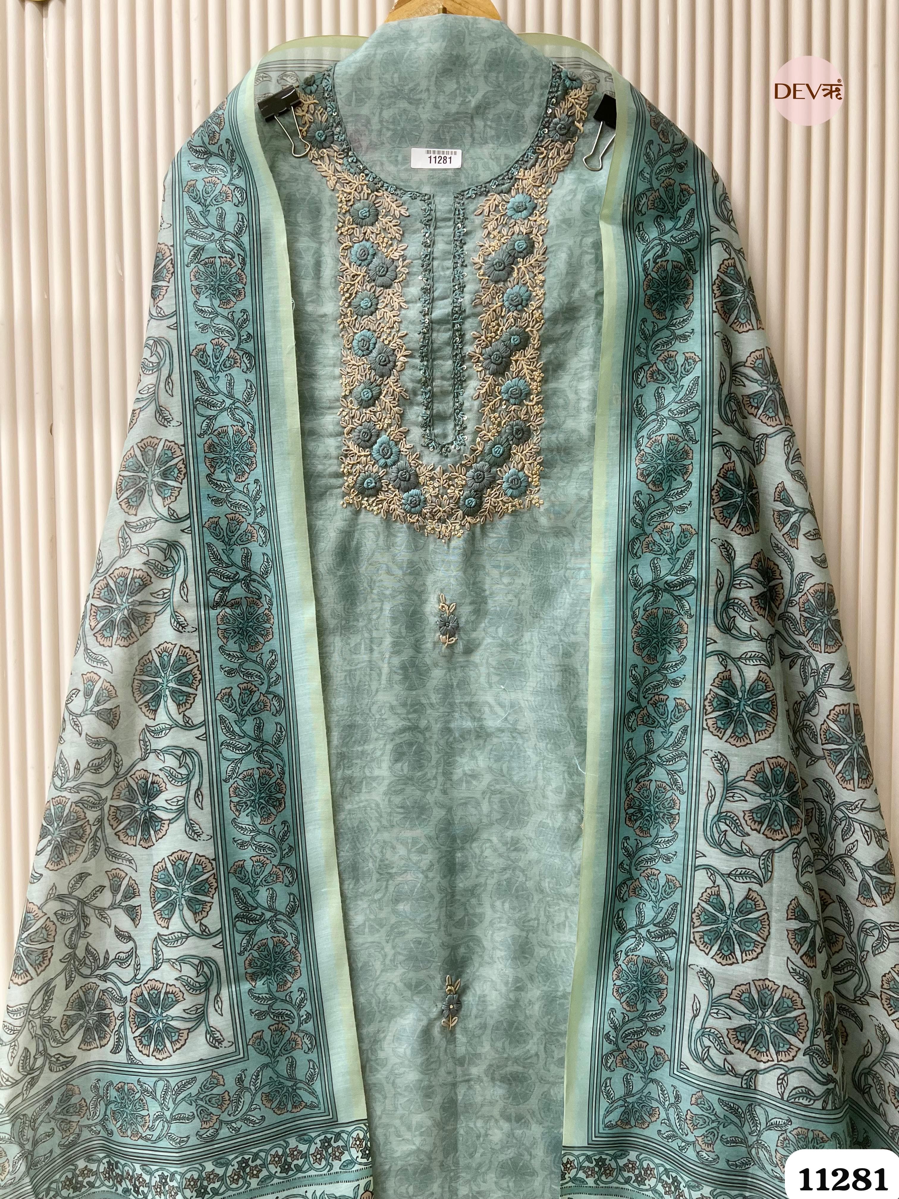 Green Mul Chanderi Unstitched Embroidered -Set Of 3 {11281}
