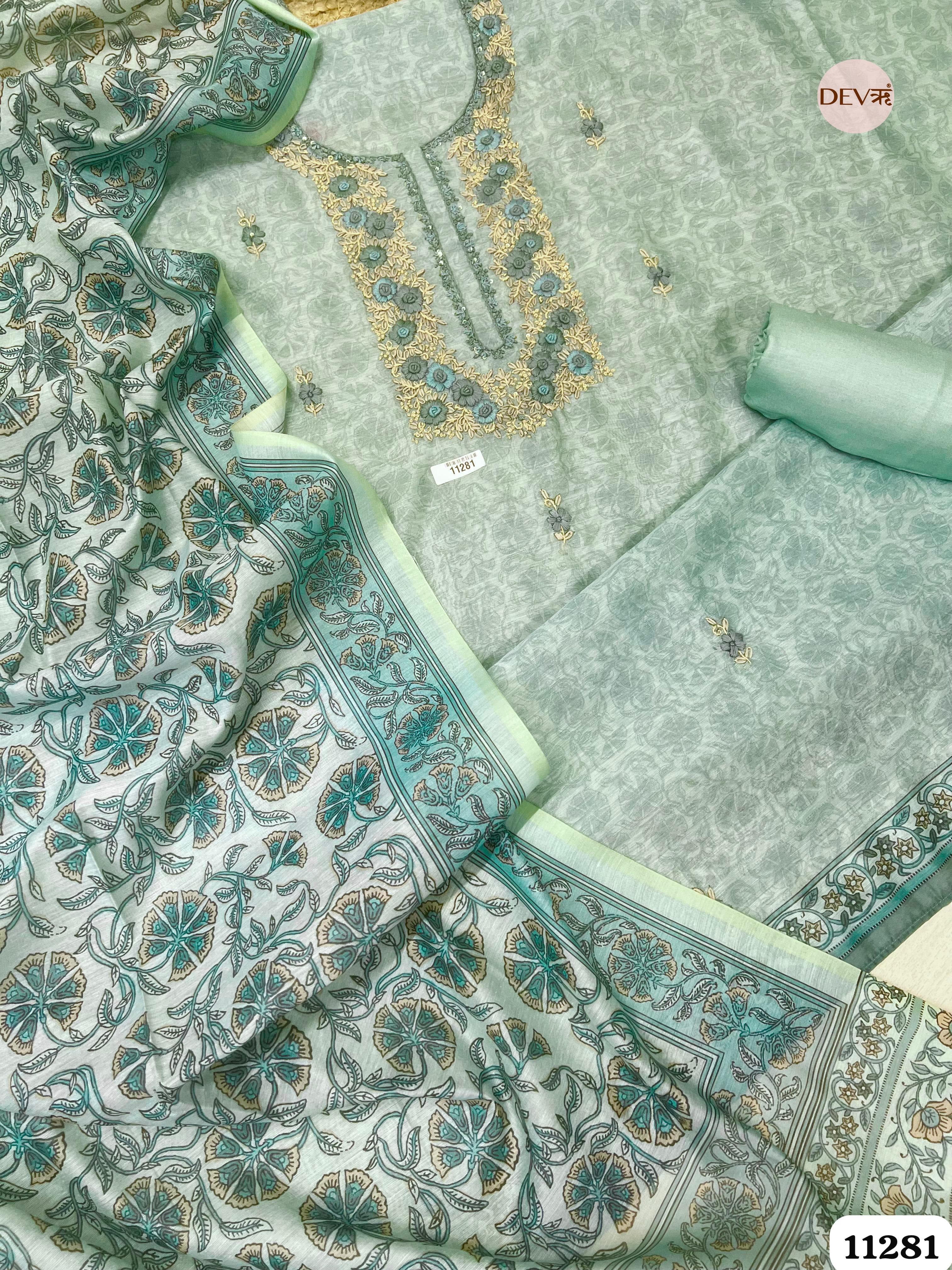 Green Mul Chanderi Unstitched Embroidered -Set Of 3 {11281}