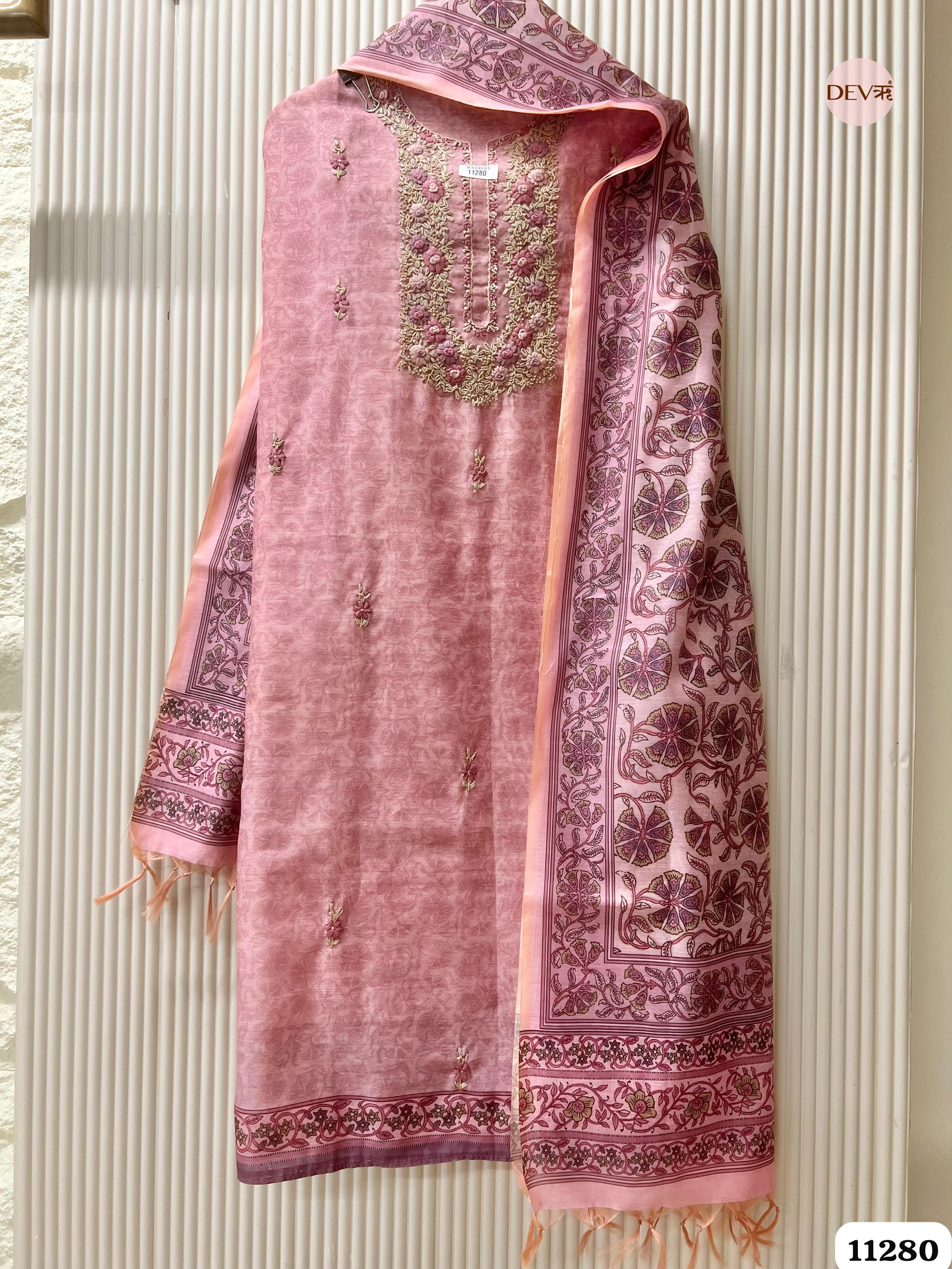 Purple Mul Chanderi Unstitched Embroidered -Set Of 3 {11280}
