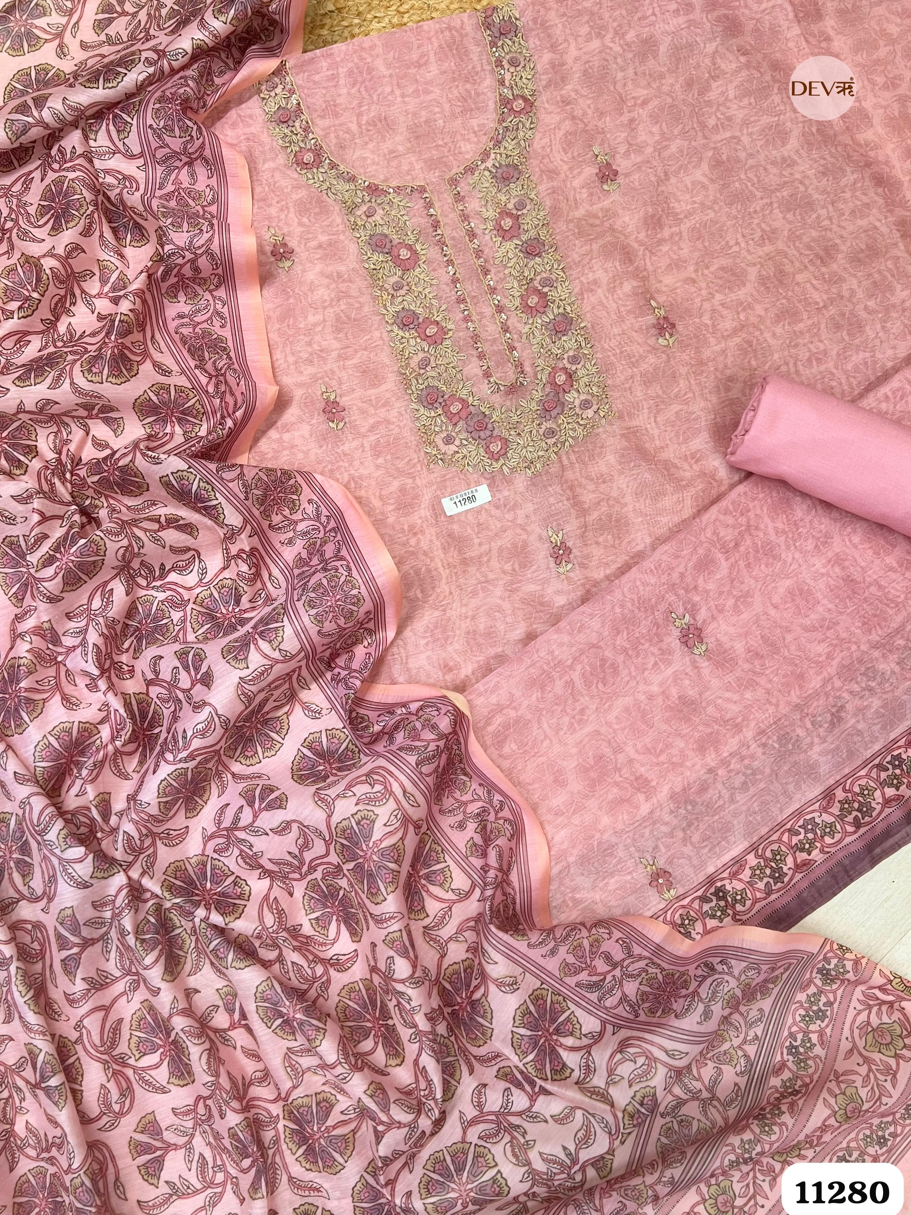 Purple Mul Chanderi Unstitched Embroidered -Set Of 3 {11280}
