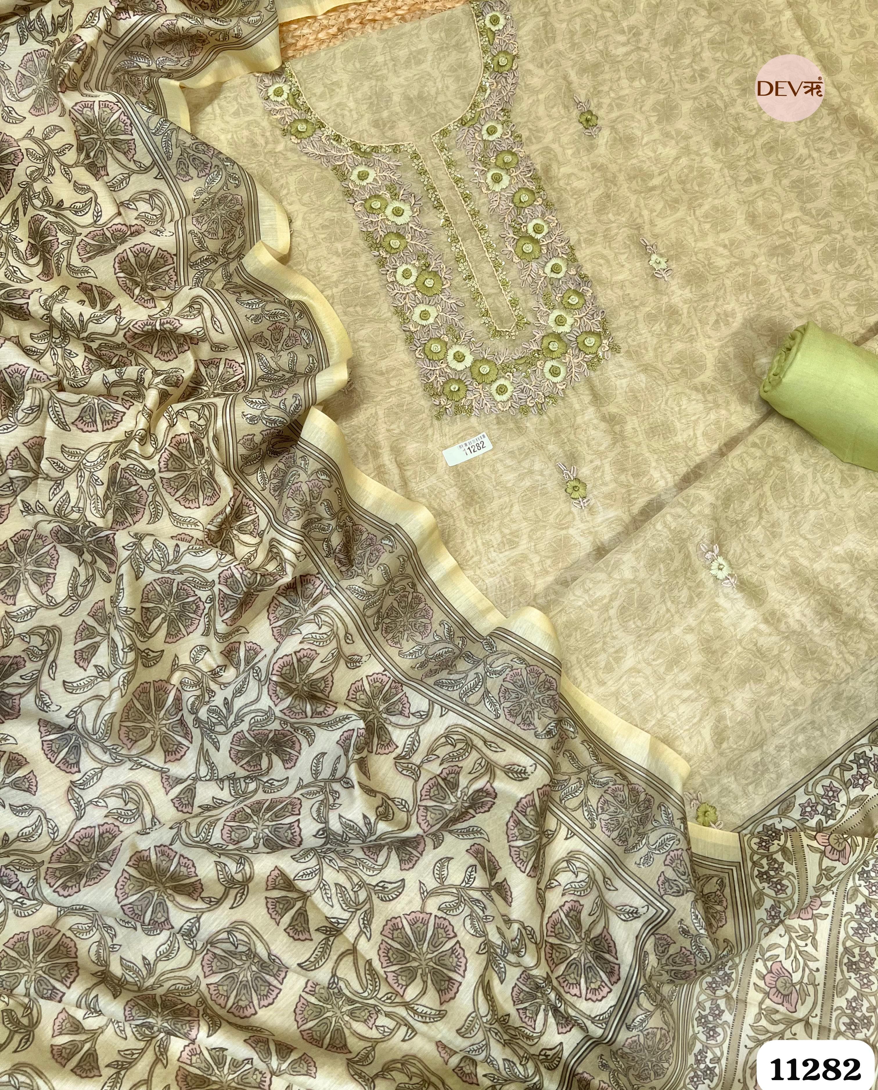 Golden Mul Chanderi Unstitched Embroidered -Set Of 3 {11282}