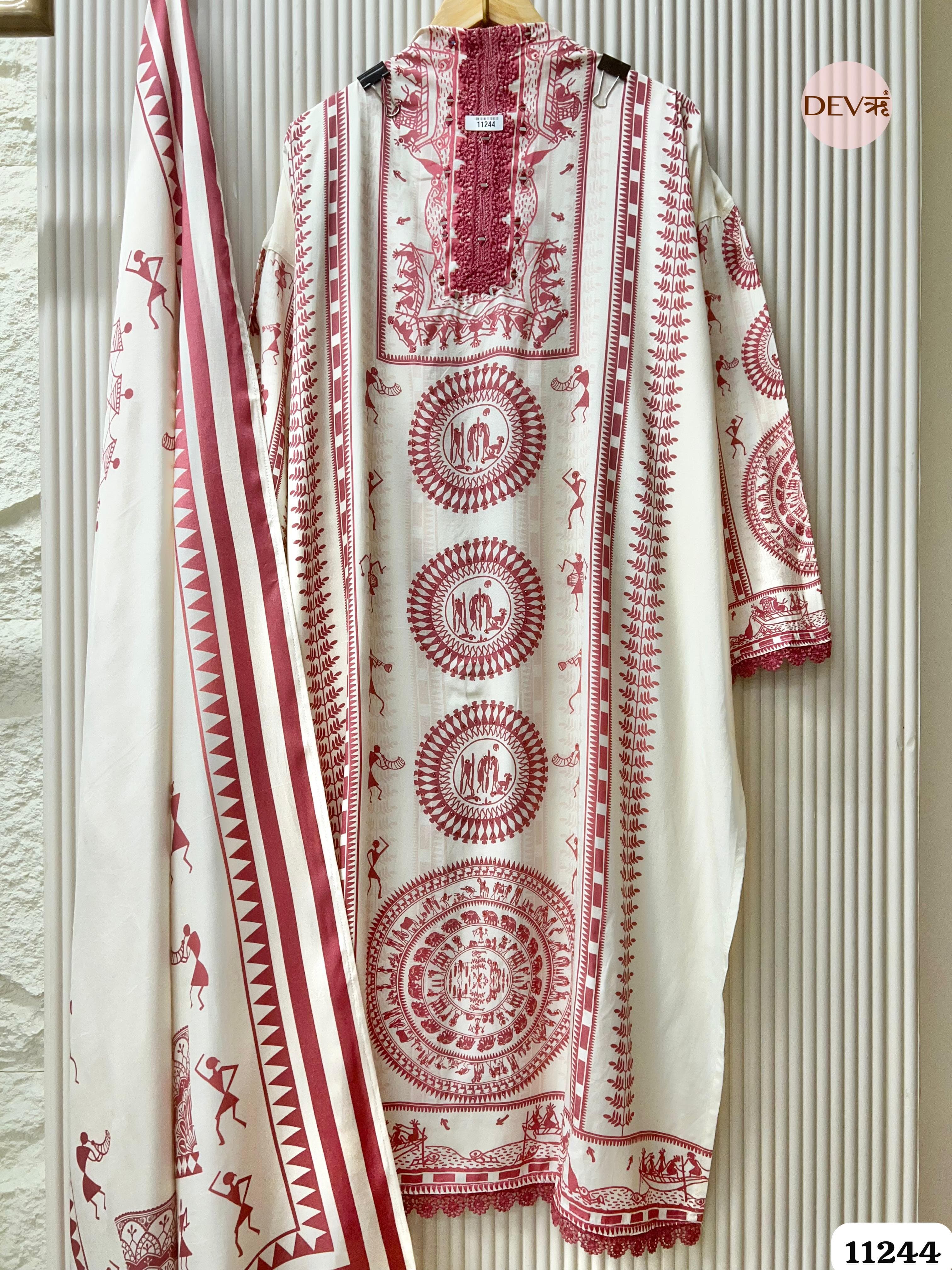 White Muslin Printed Semi Stitched Hand Embroidered -Set Of 3