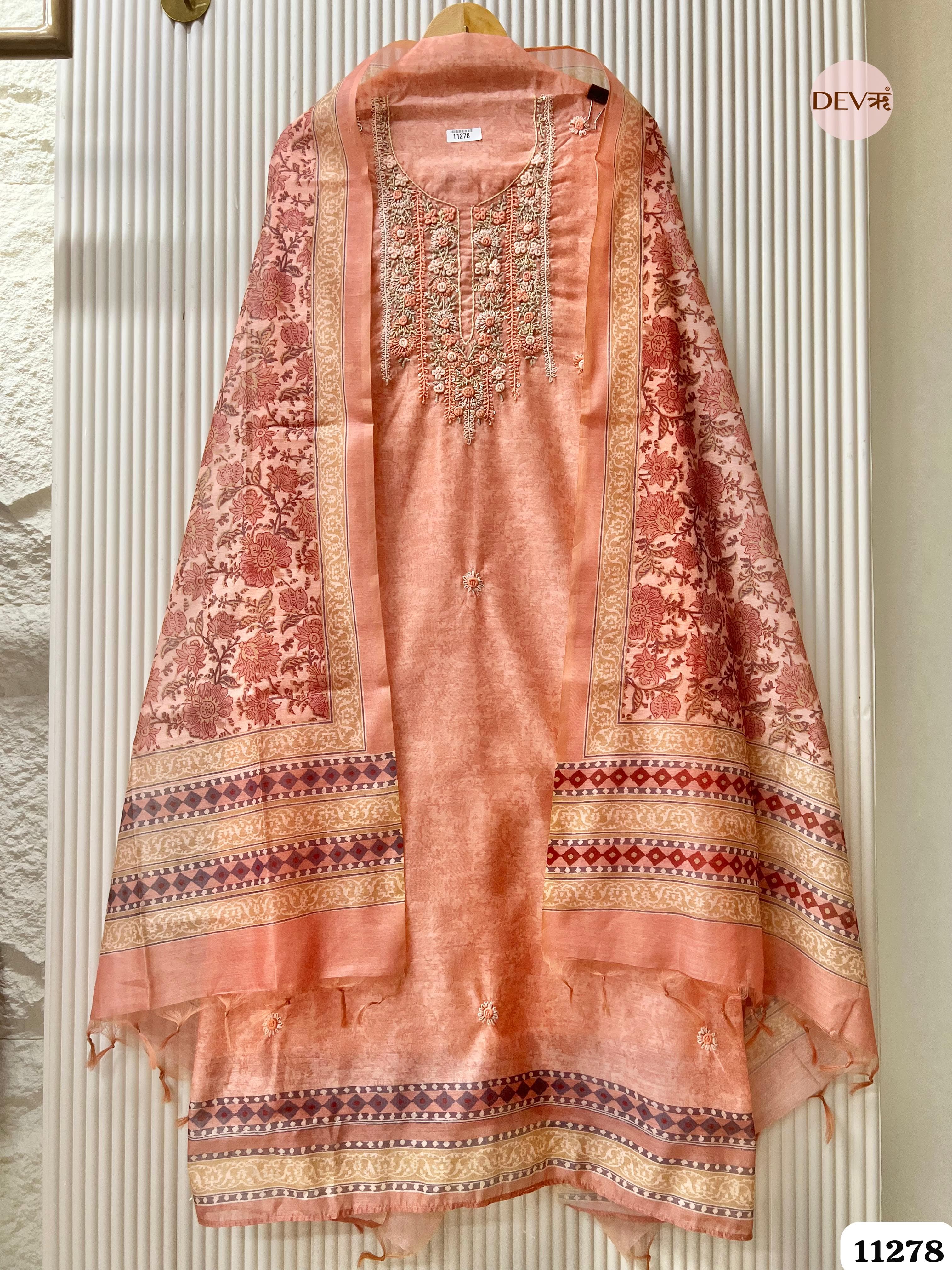 Orange Mul Chanderi Unstitched Embroidered -Set Of 3 {11278}