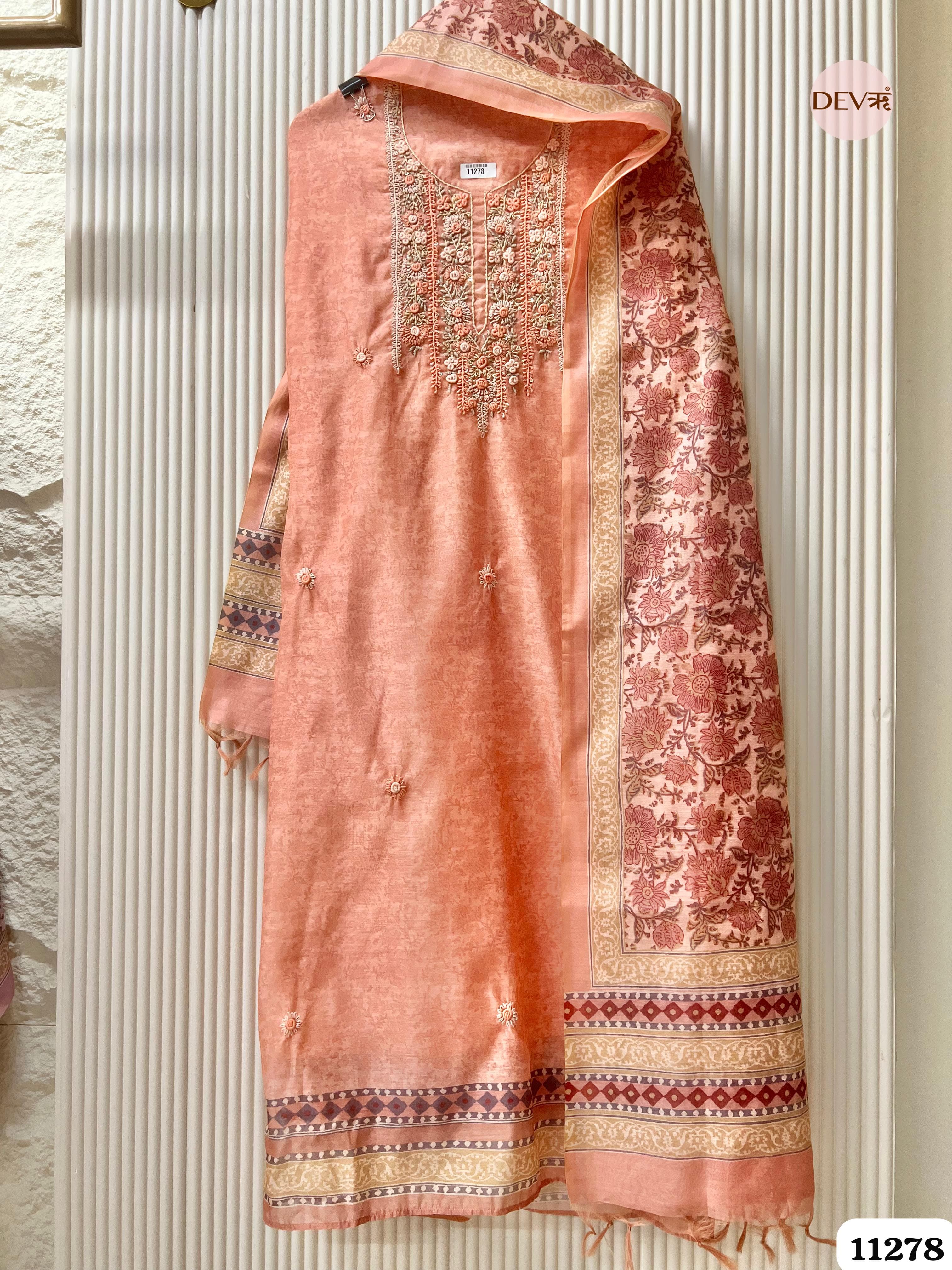 Orange Mul Chanderi Unstitched Embroidered -Set Of 3 {11278}