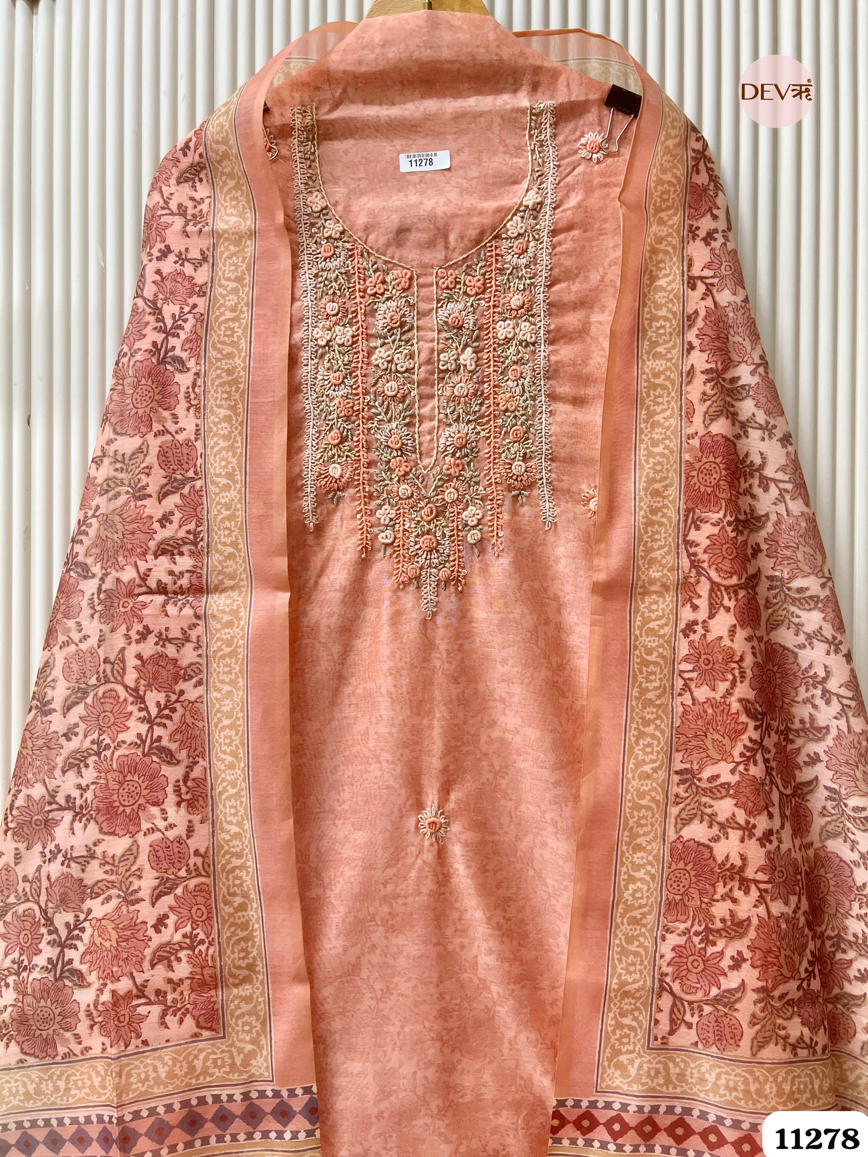 Orange Mul Chanderi Unstitched Embroidered -Set Of 3 {11278}