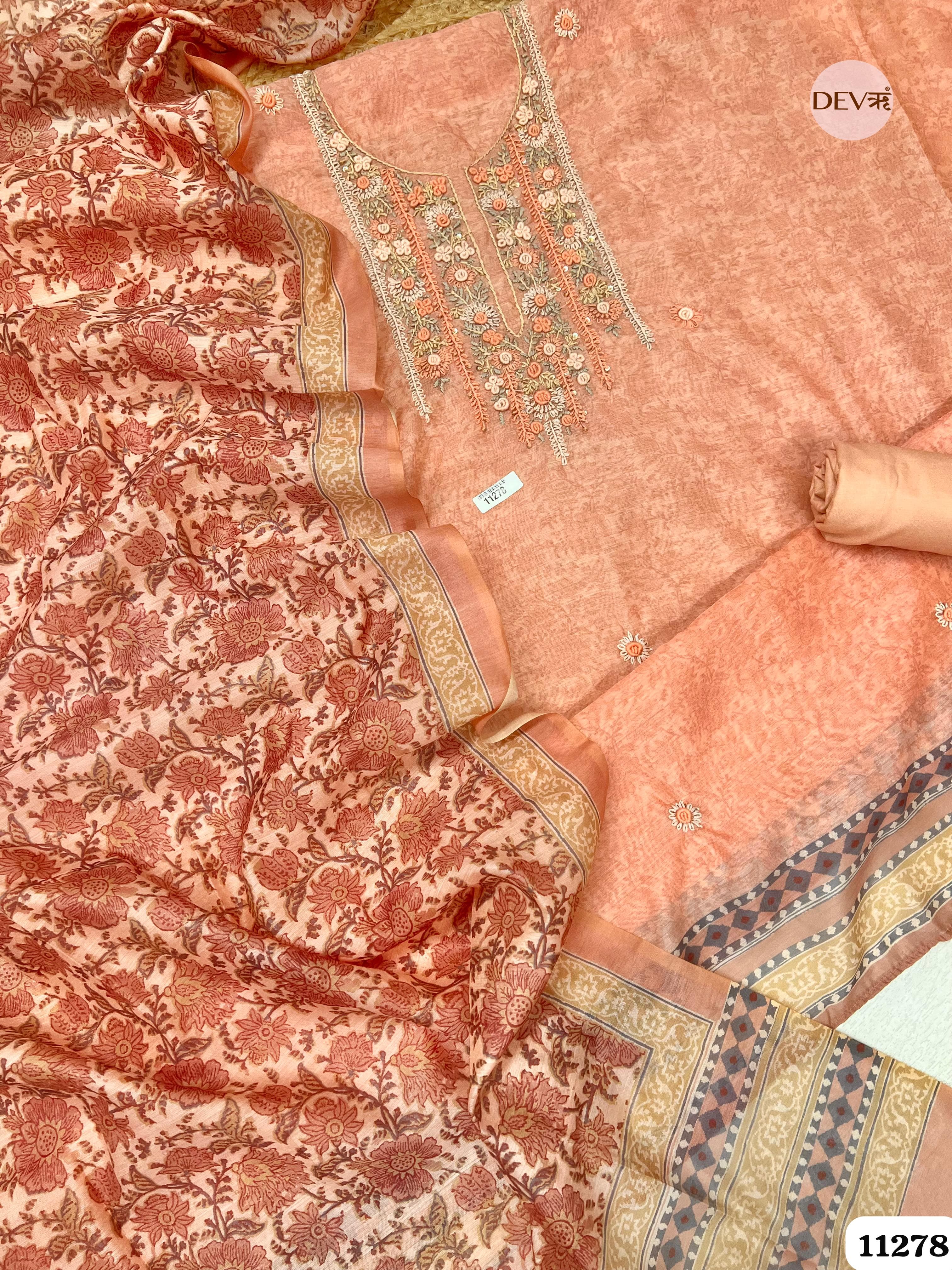 Orange Mul Chanderi Unstitched Embroidered -Set Of 3 {11278}
