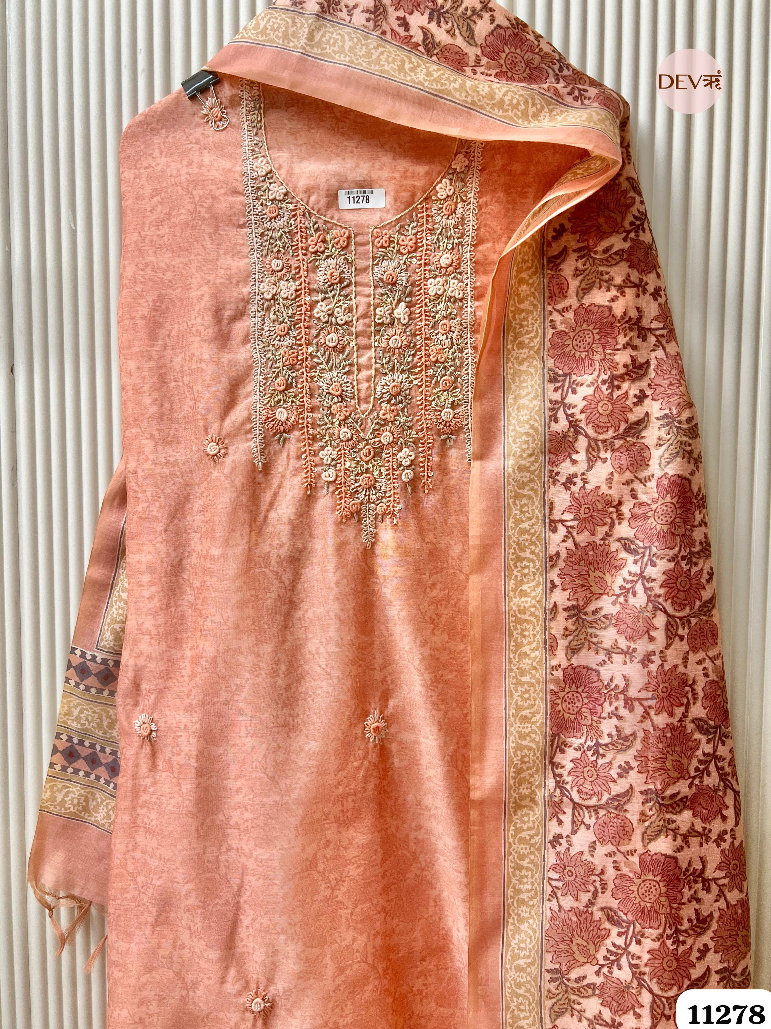 Orange Mul Chanderi Unstitched Embroidered -Set Of 3 {11278}