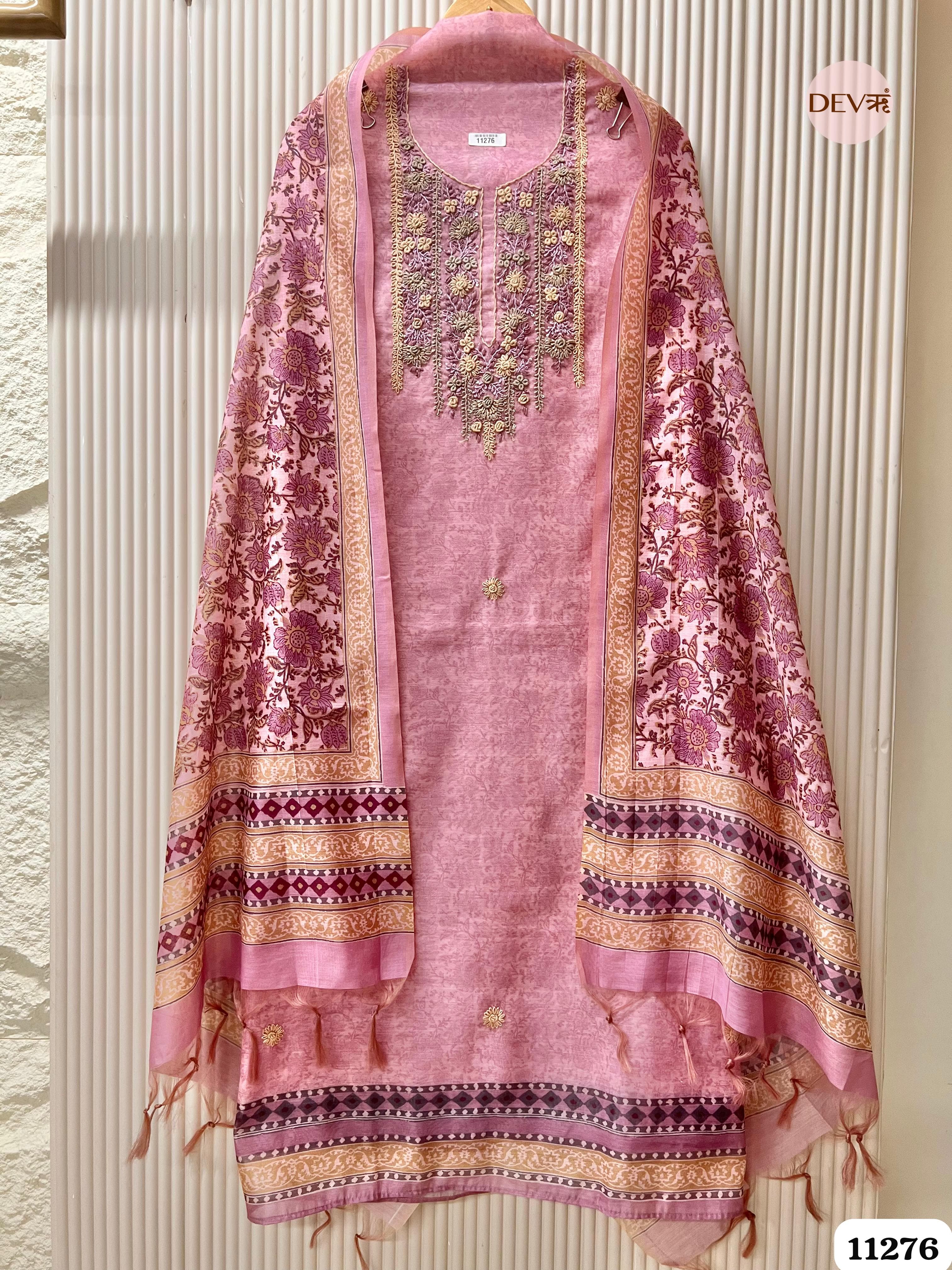 Pink Mul Chanderi Unstitched Embroidered -Set Of 3 {11276}