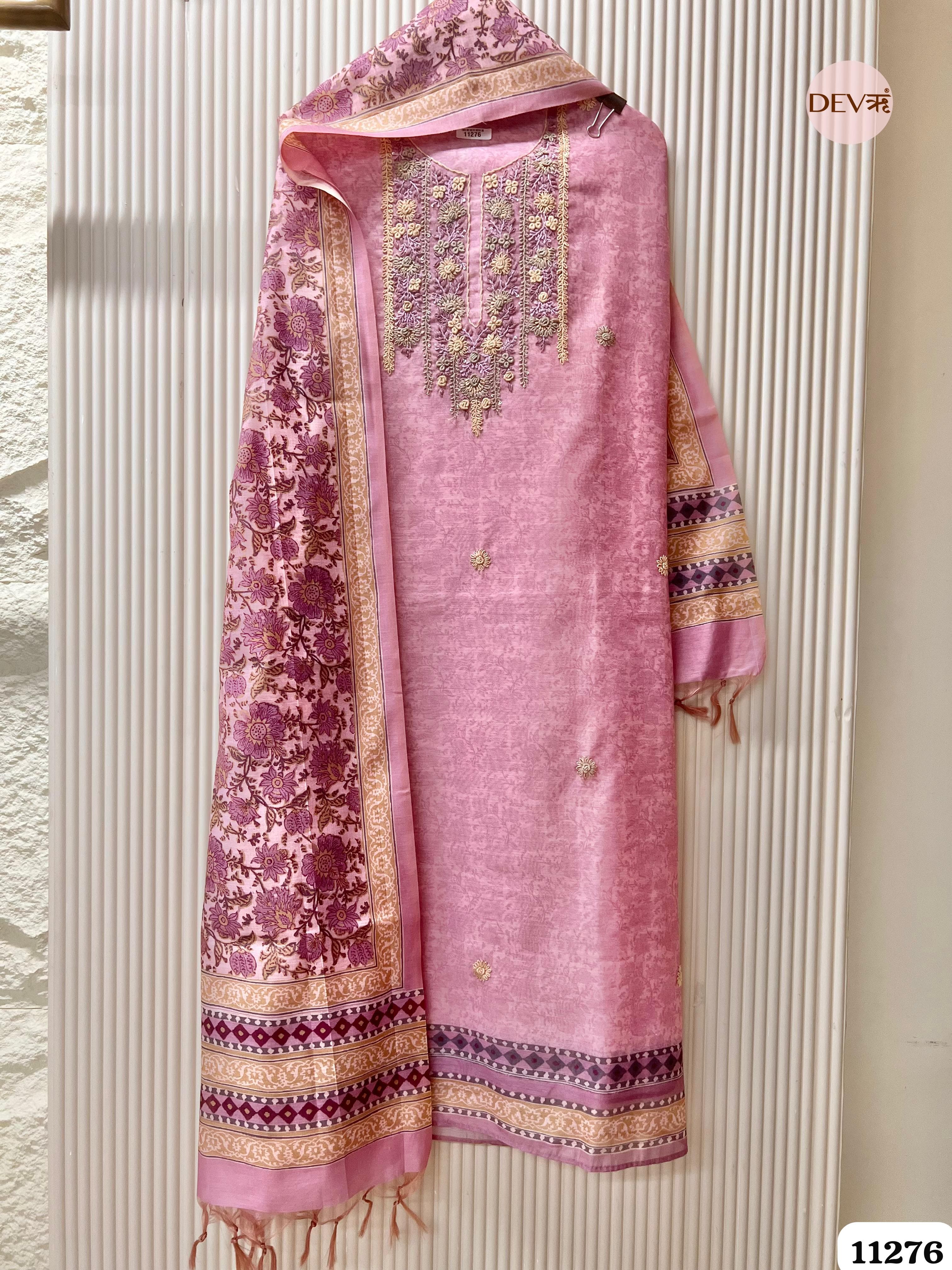 Pink Mul Chanderi Unstitched Embroidered -Set Of 3 {11276}