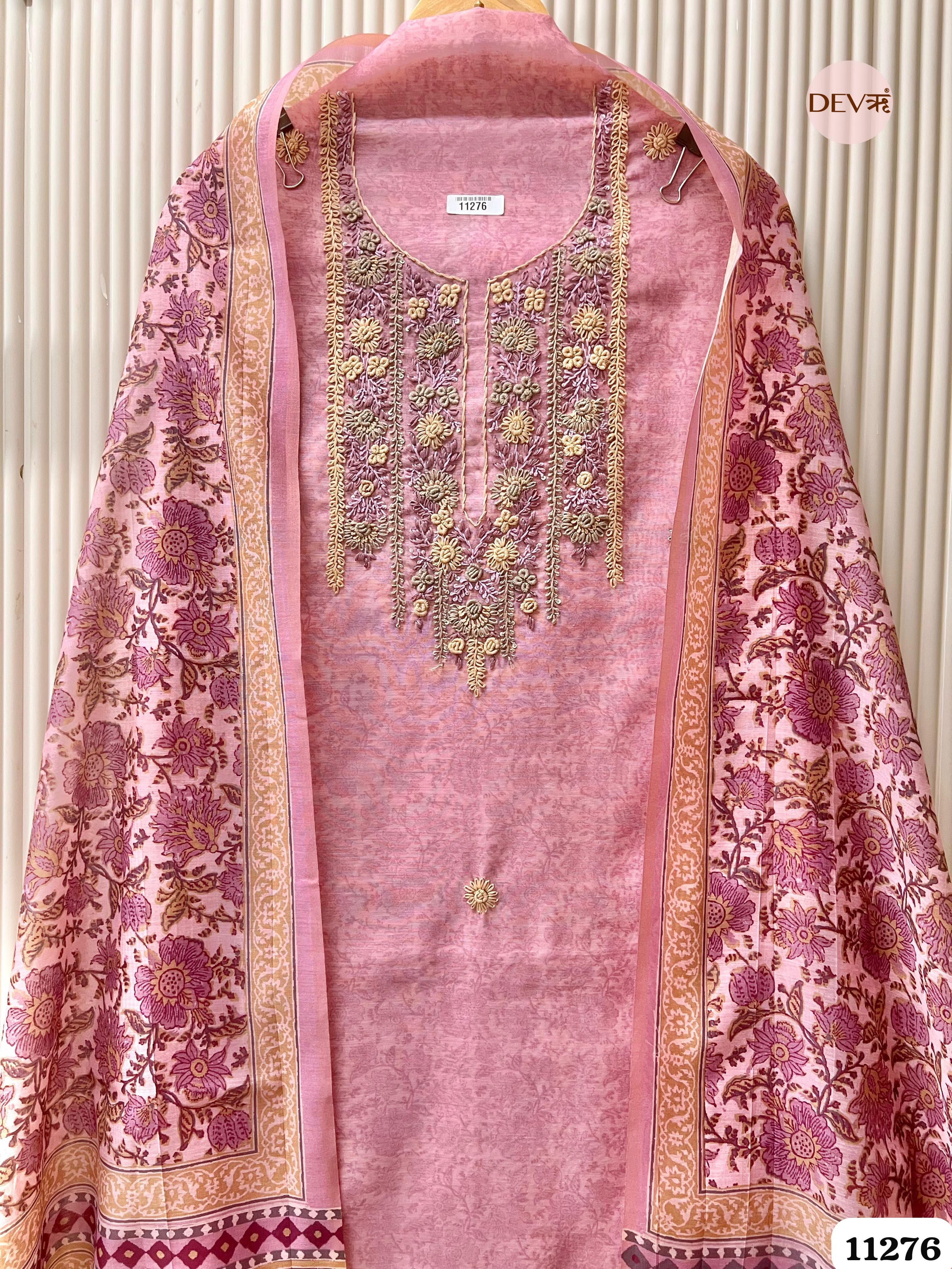 Pink Mul Chanderi Unstitched Embroidered -Set Of 3 {11276}
