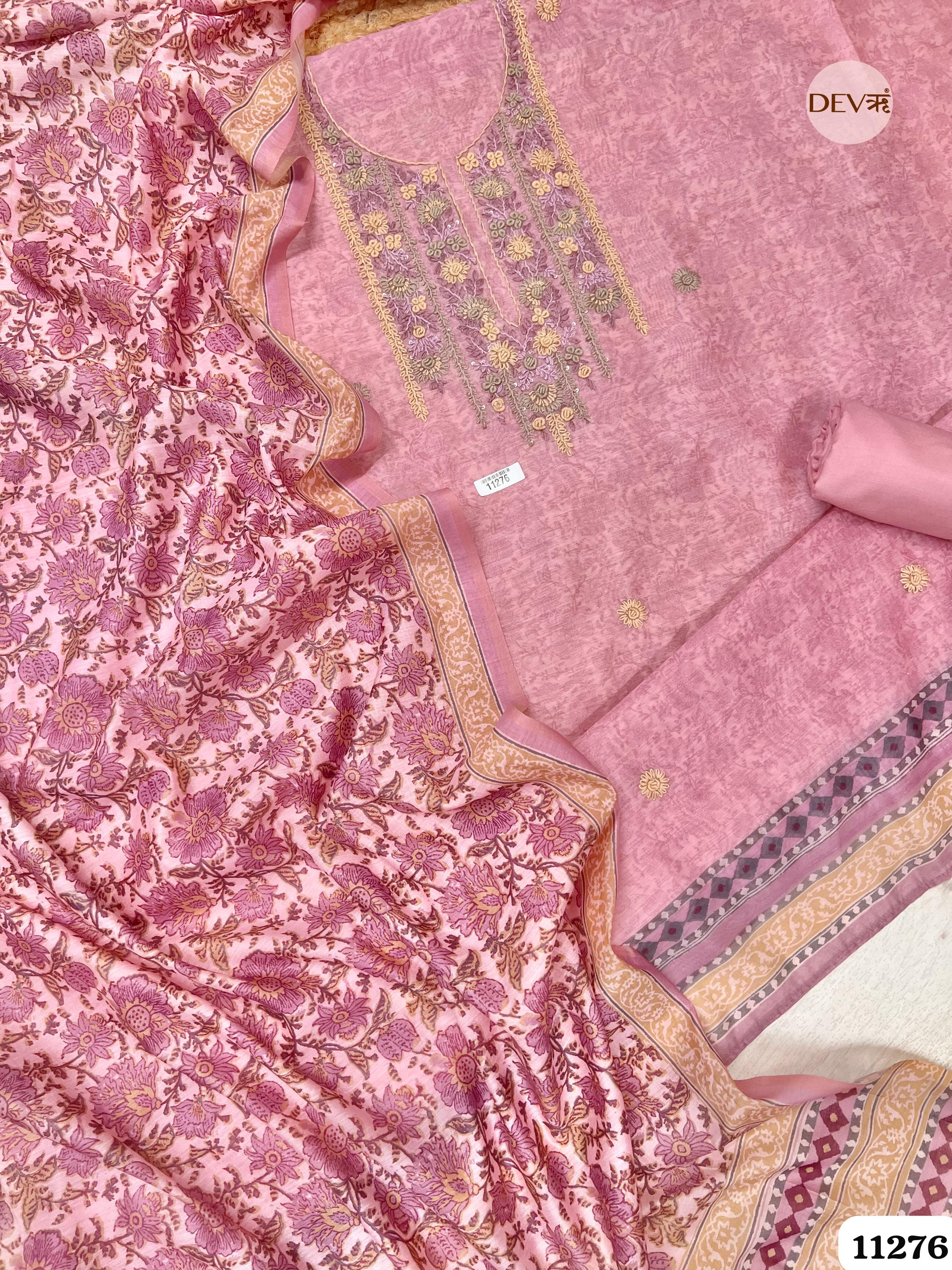 Pink Mul Chanderi Unstitched Embroidered -Set Of 3 {11276}