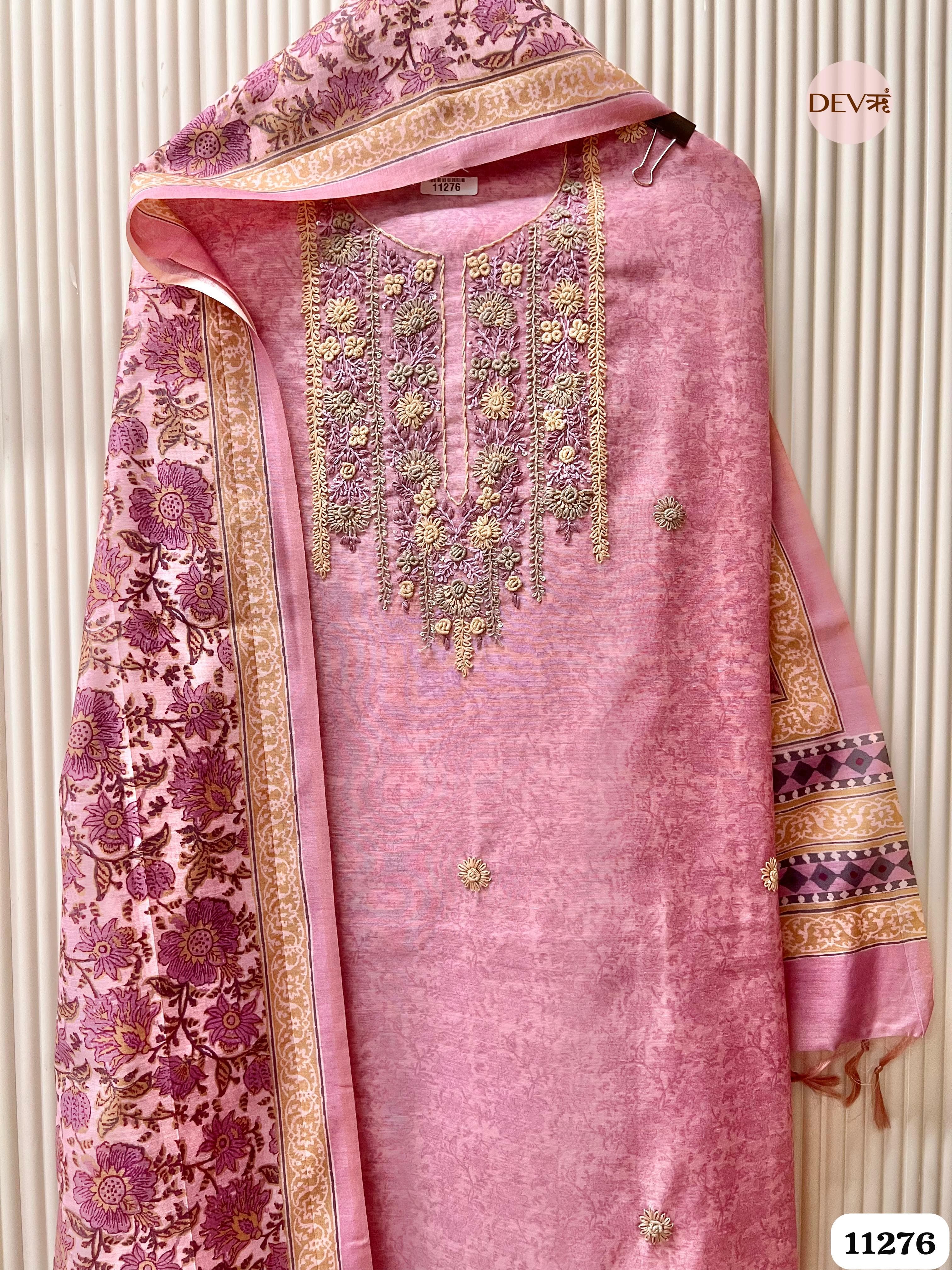 Pink Mul Chanderi Unstitched Embroidered -Set Of 3 {11276}