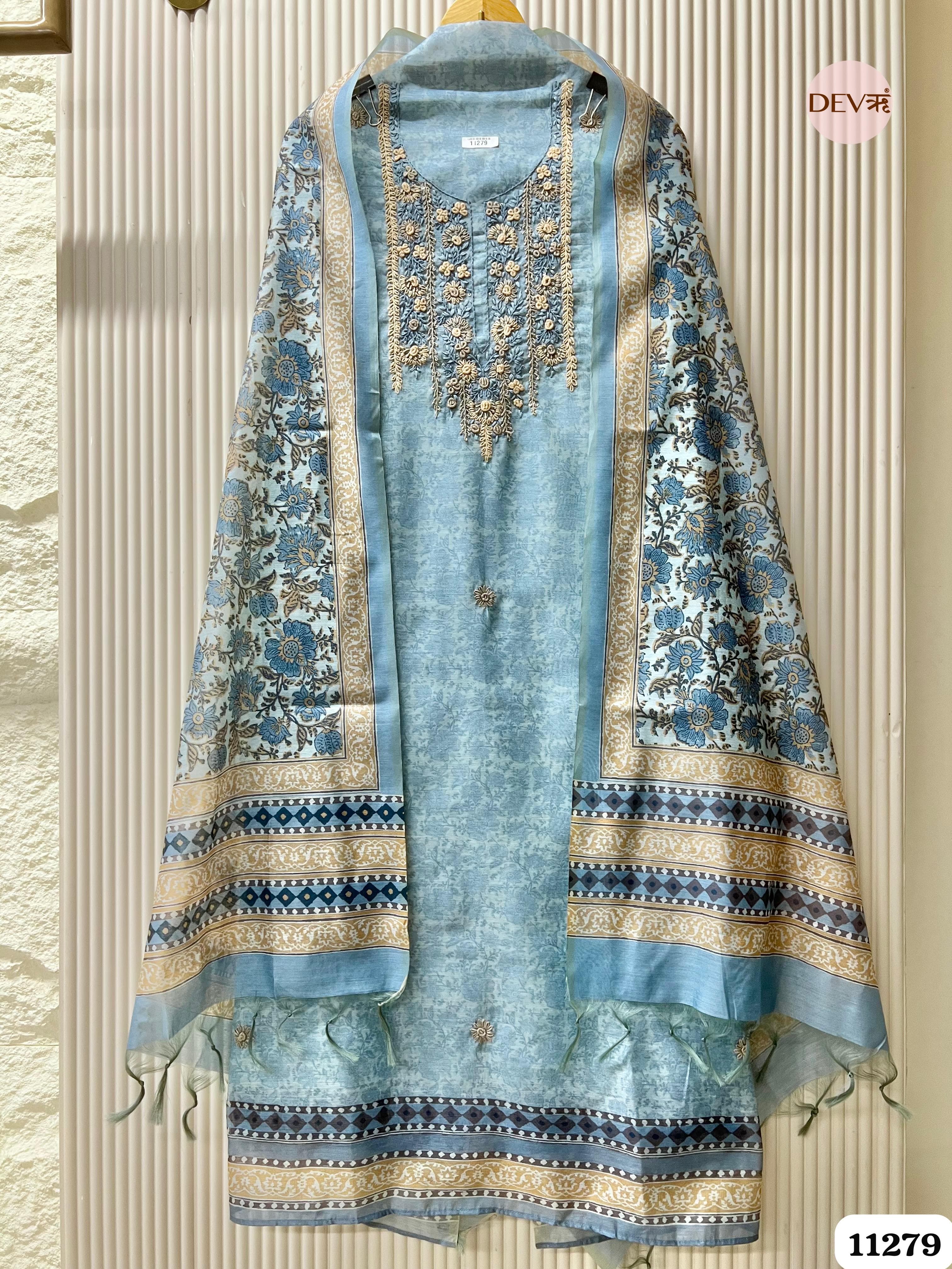 Blue Mul Chanderi Unstitched Embroidered -Set Of 3 {11279}