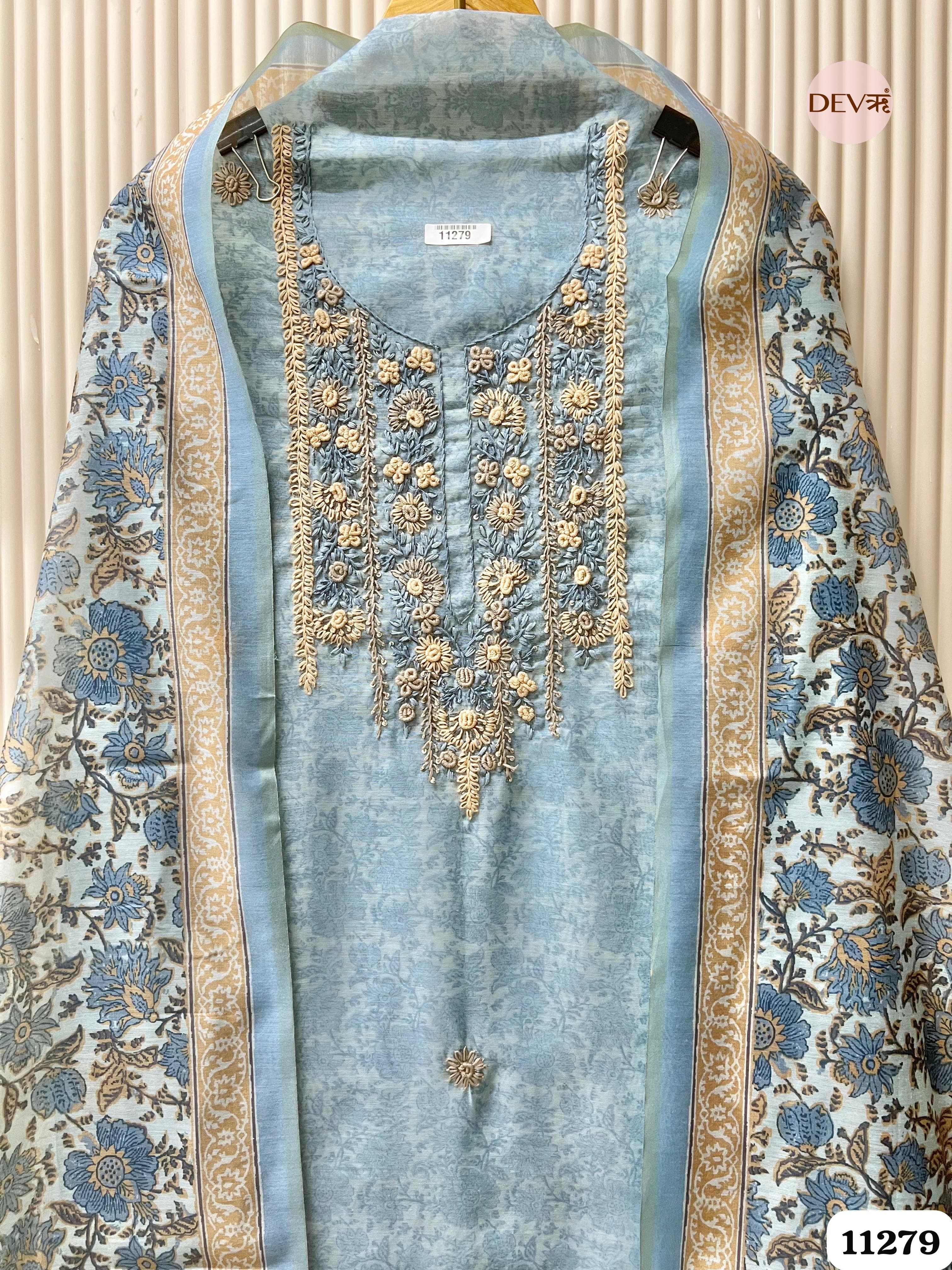 Blue Mul Chanderi Unstitched Embroidered -Set Of 3 {11279}