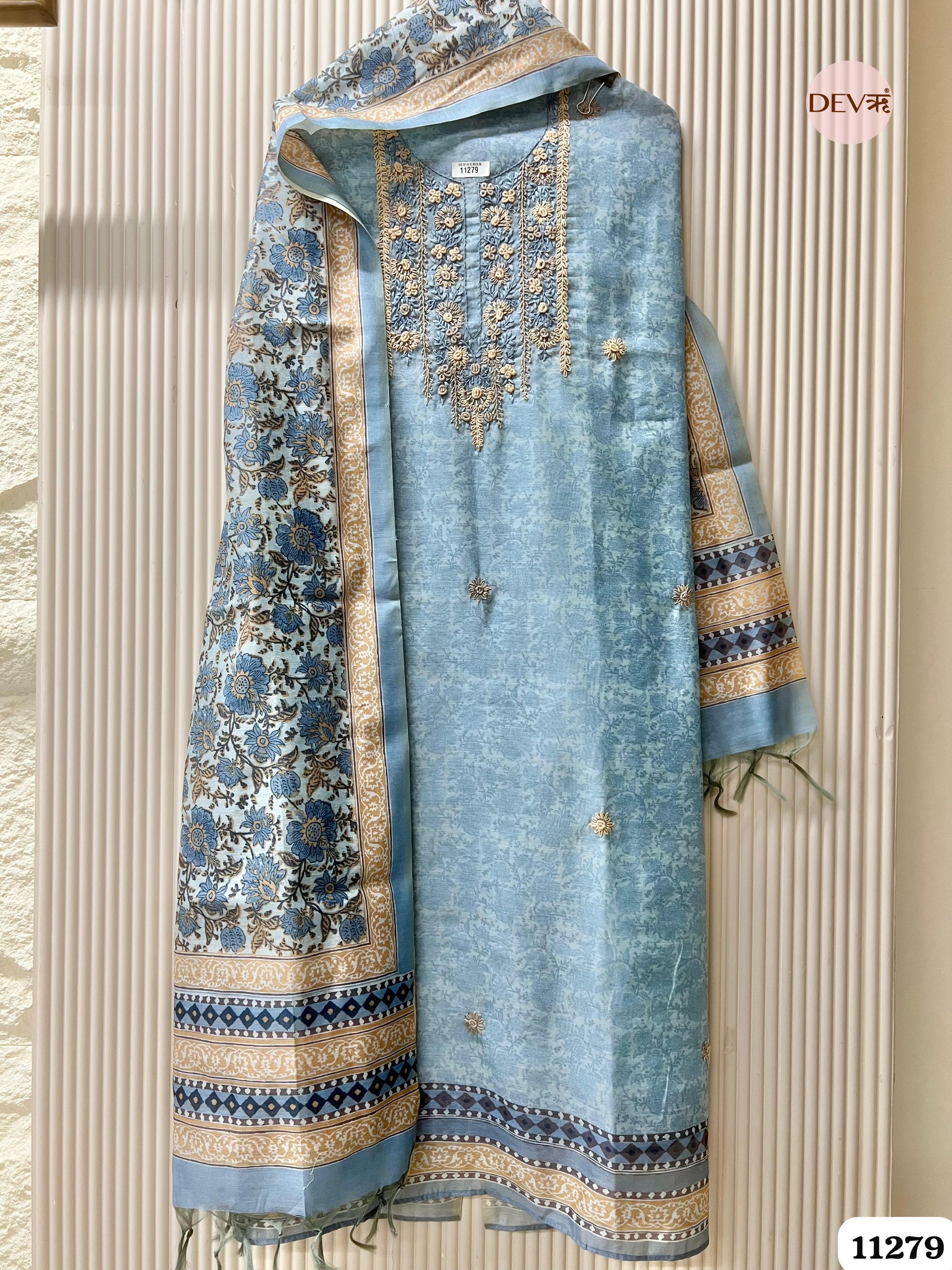 Blue Mul Chanderi Unstitched Embroidered -Set Of 3 {11279}