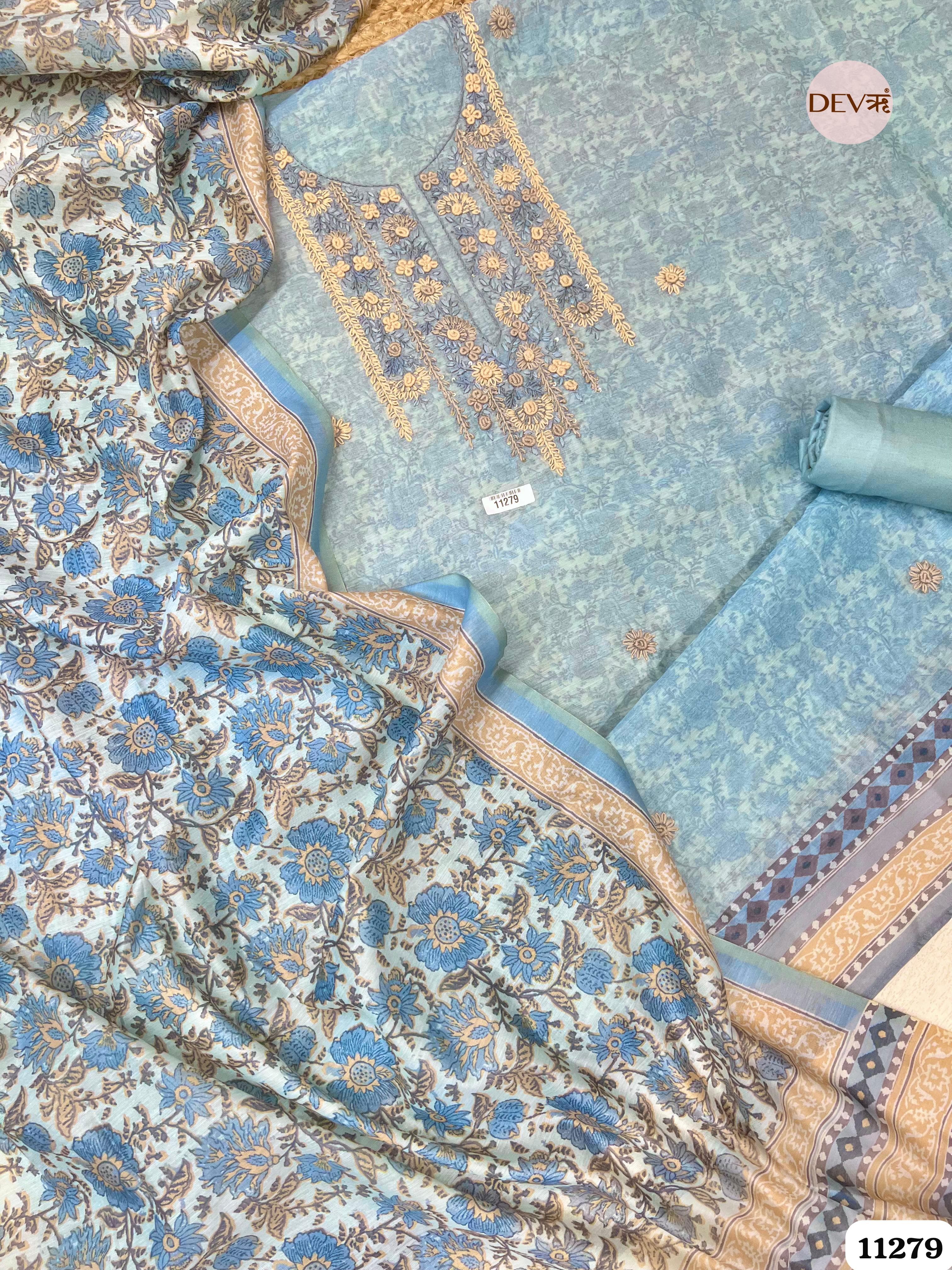 Blue Mul Chanderi Unstitched Embroidered -Set Of 3 {11279}