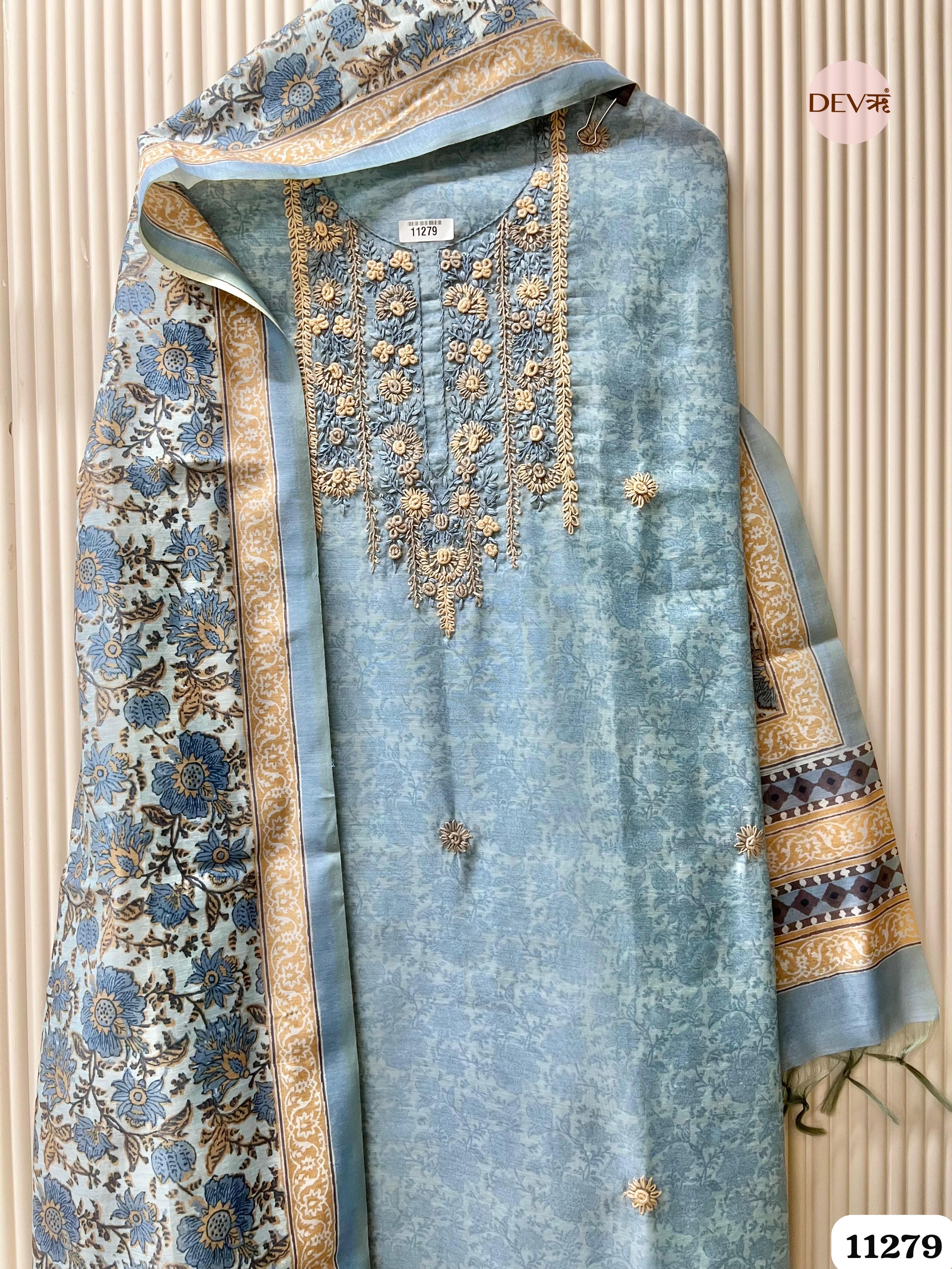 Blue Mul Chanderi Unstitched Embroidered -Set Of 3 {11279}