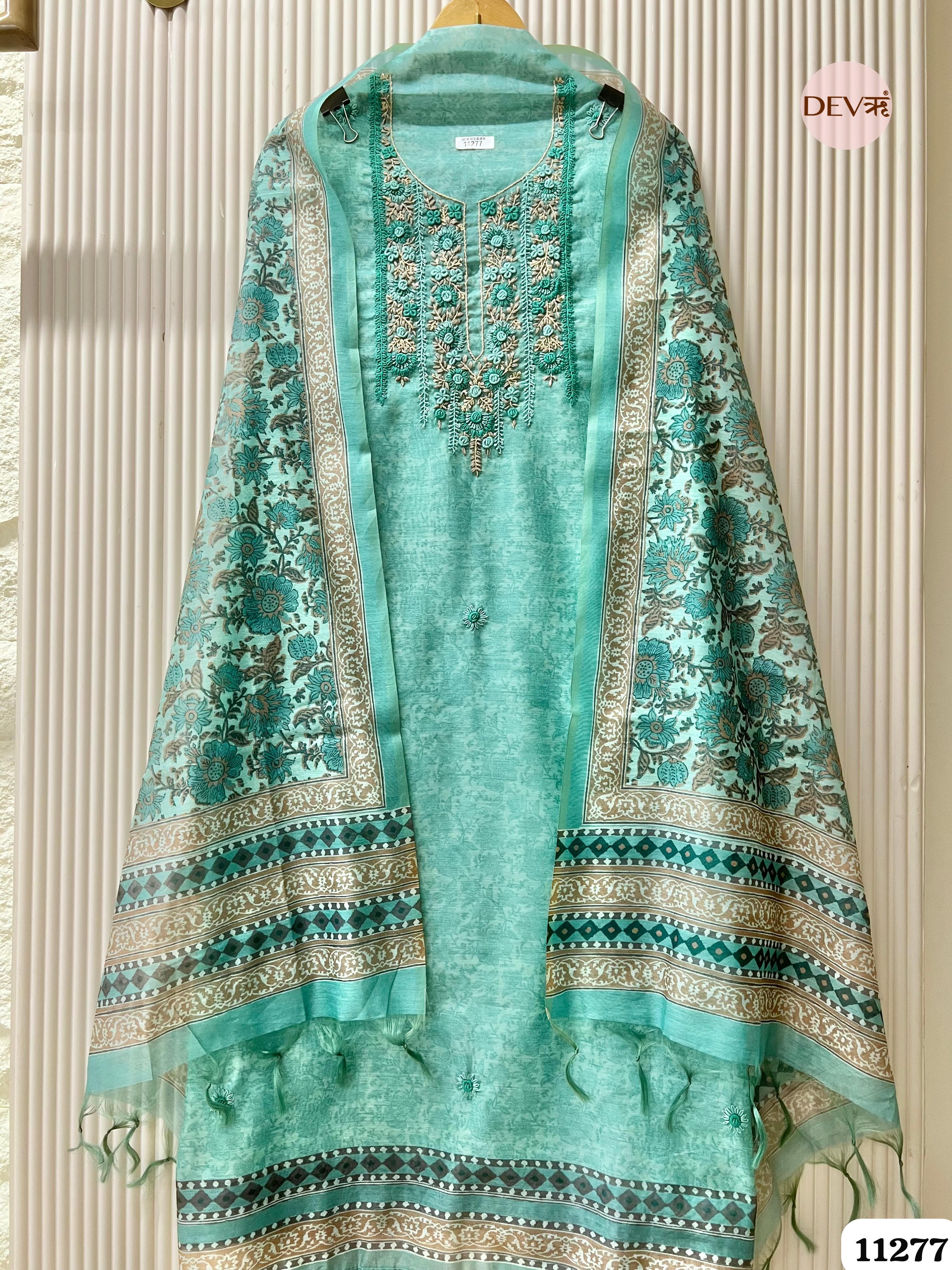 Green Mul Chanderi Unstitched Embroidered -Set Of 3 {11277}