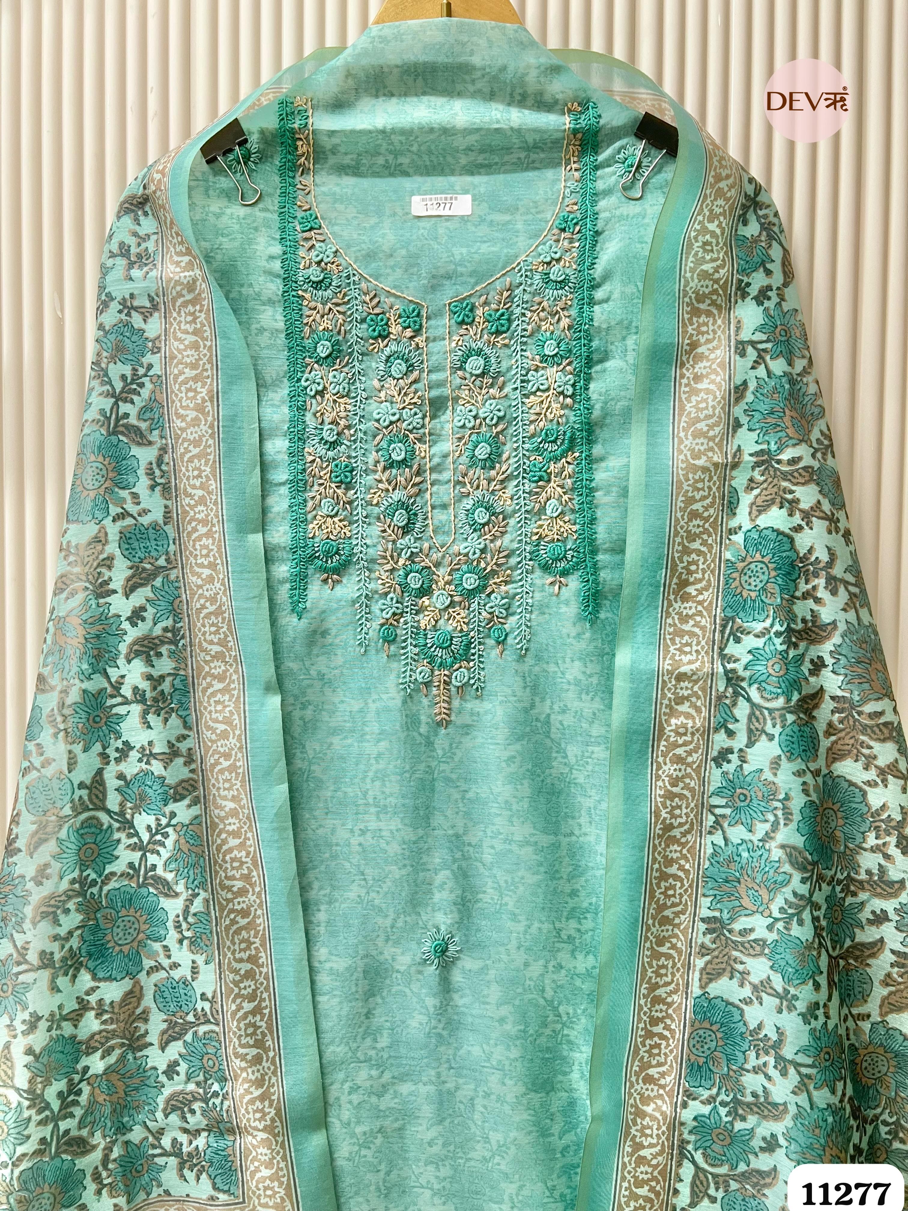 Green Mul Chanderi Unstitched Embroidered -Set Of 3 {11277}