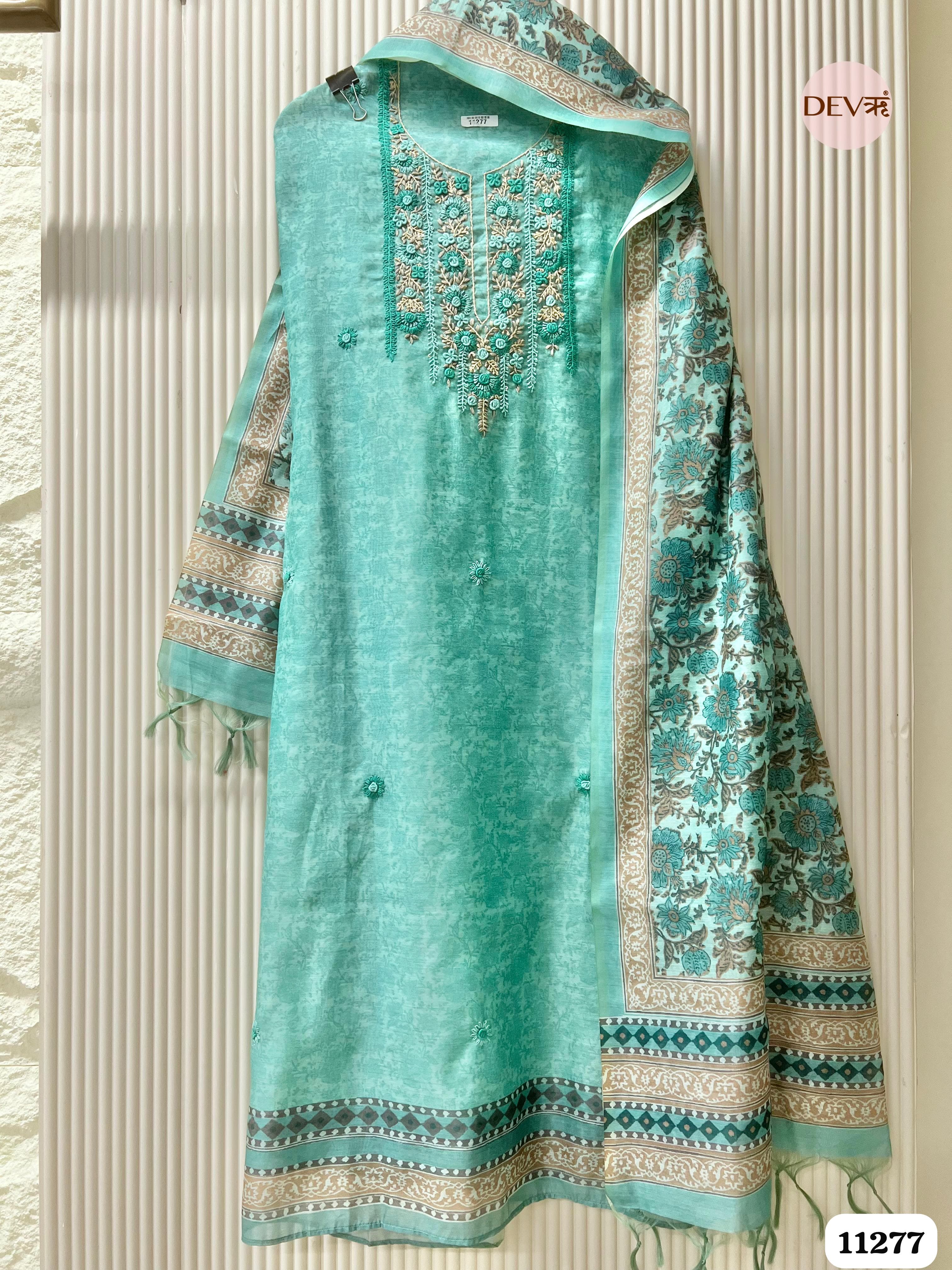 Green Mul Chanderi Unstitched Embroidered -Set Of 3 {11277}
