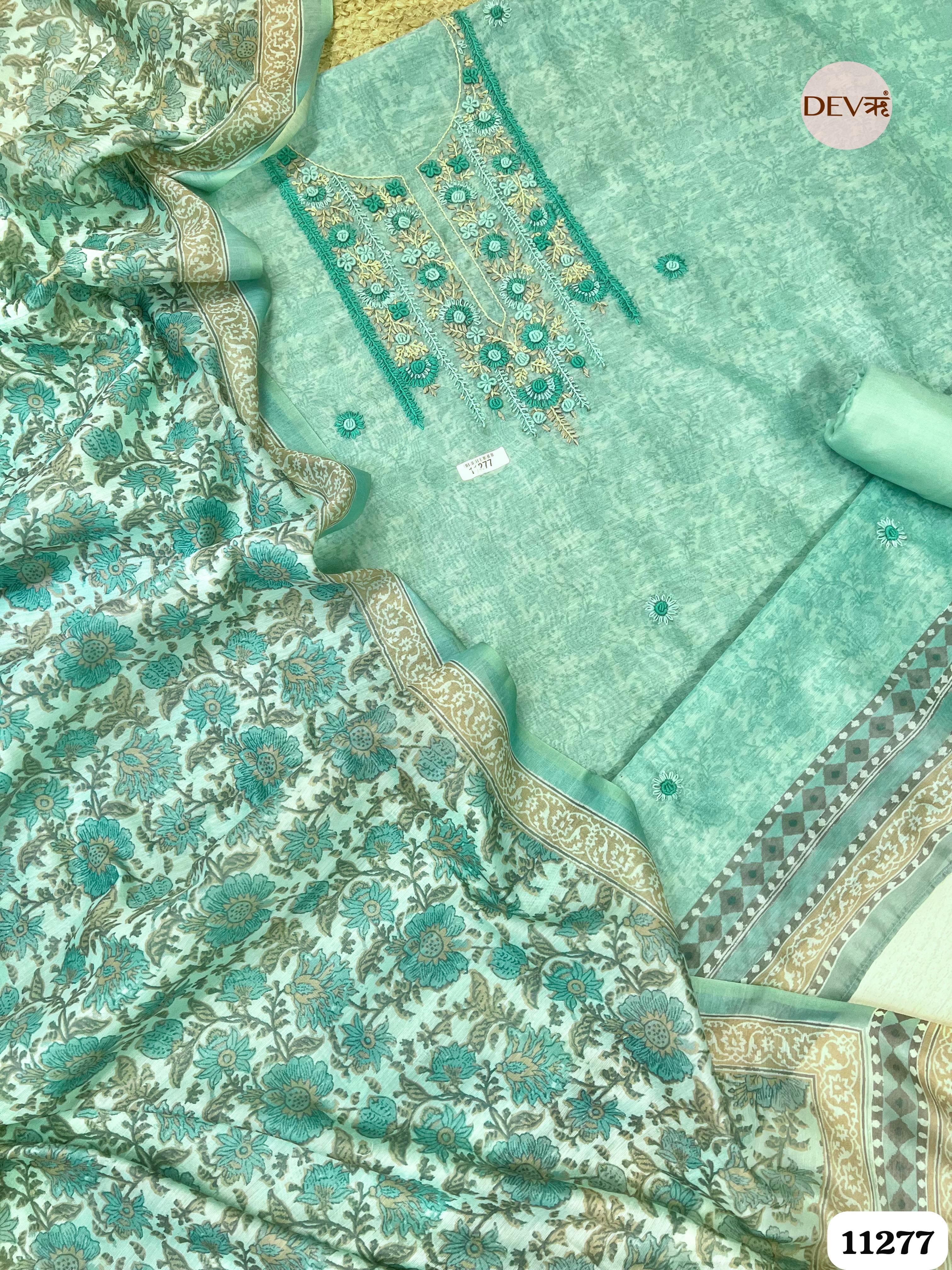 Green Mul Chanderi Unstitched Embroidered -Set Of 3 {11277}