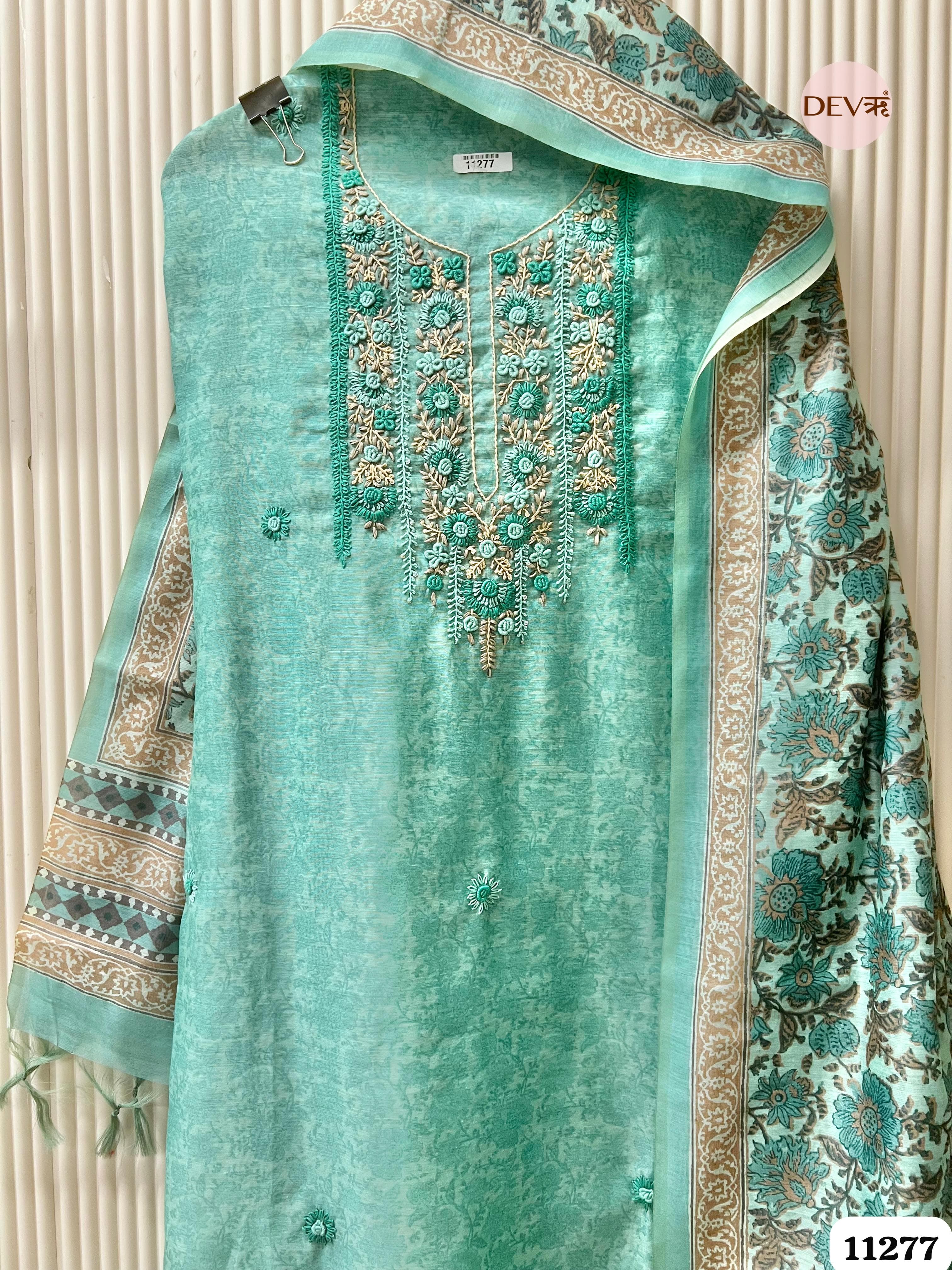 Green Mul Chanderi Unstitched Embroidered -Set Of 3 {11277}