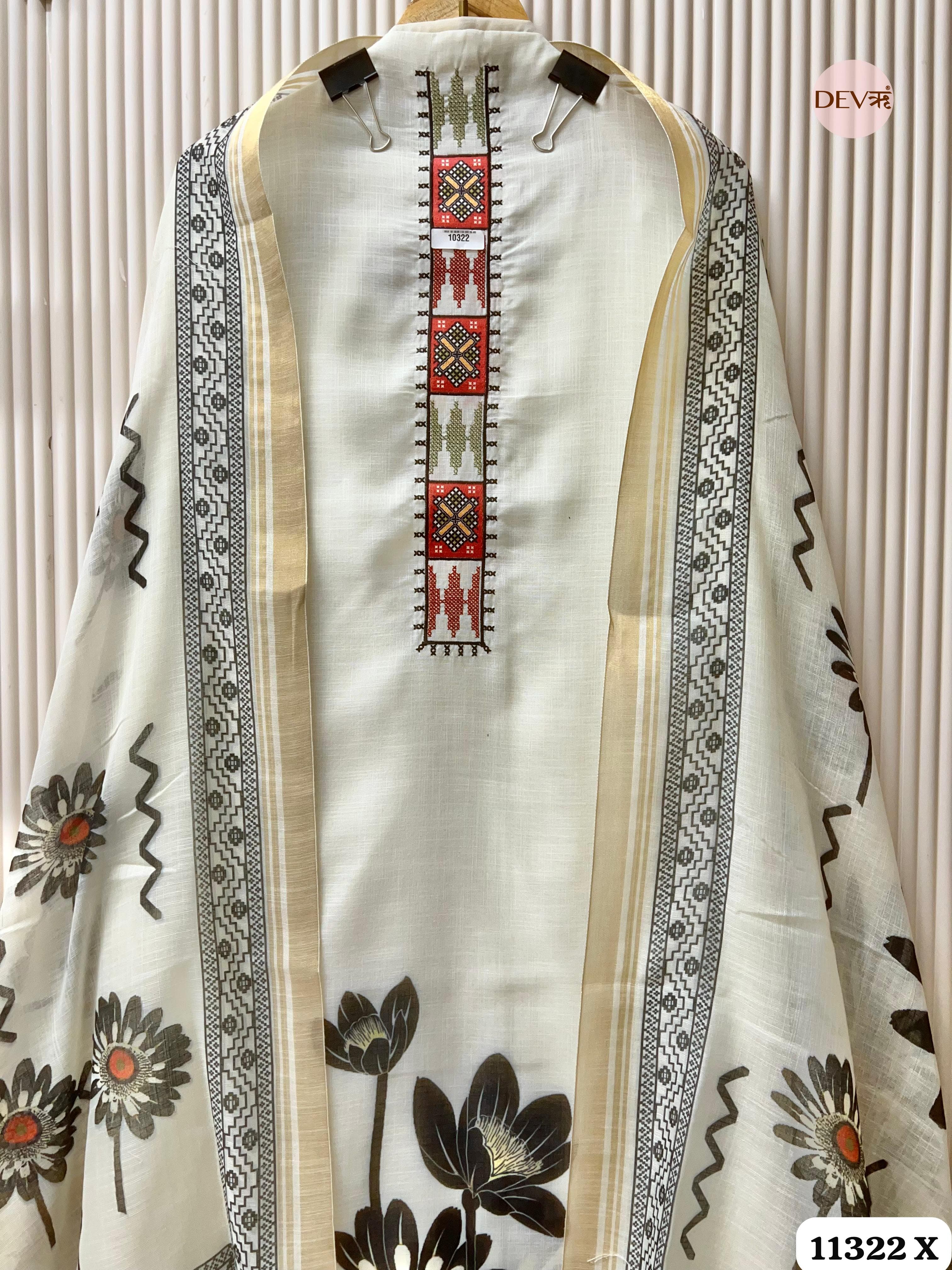 White Linen Unstitched Woven Embroidered -Set Of 3
