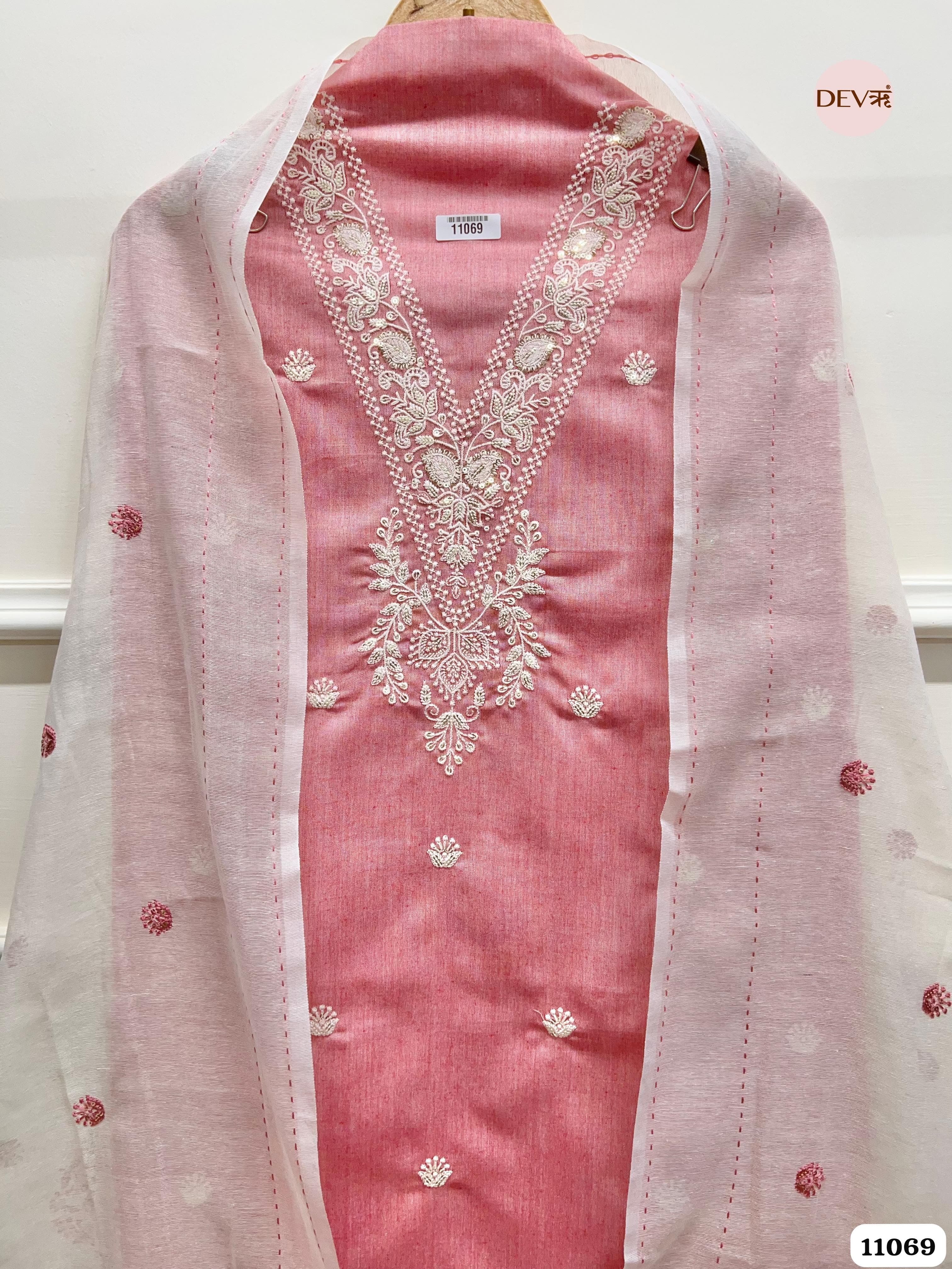 Pink Khadi Cotton Unstitched Embroidered -Set Of 3