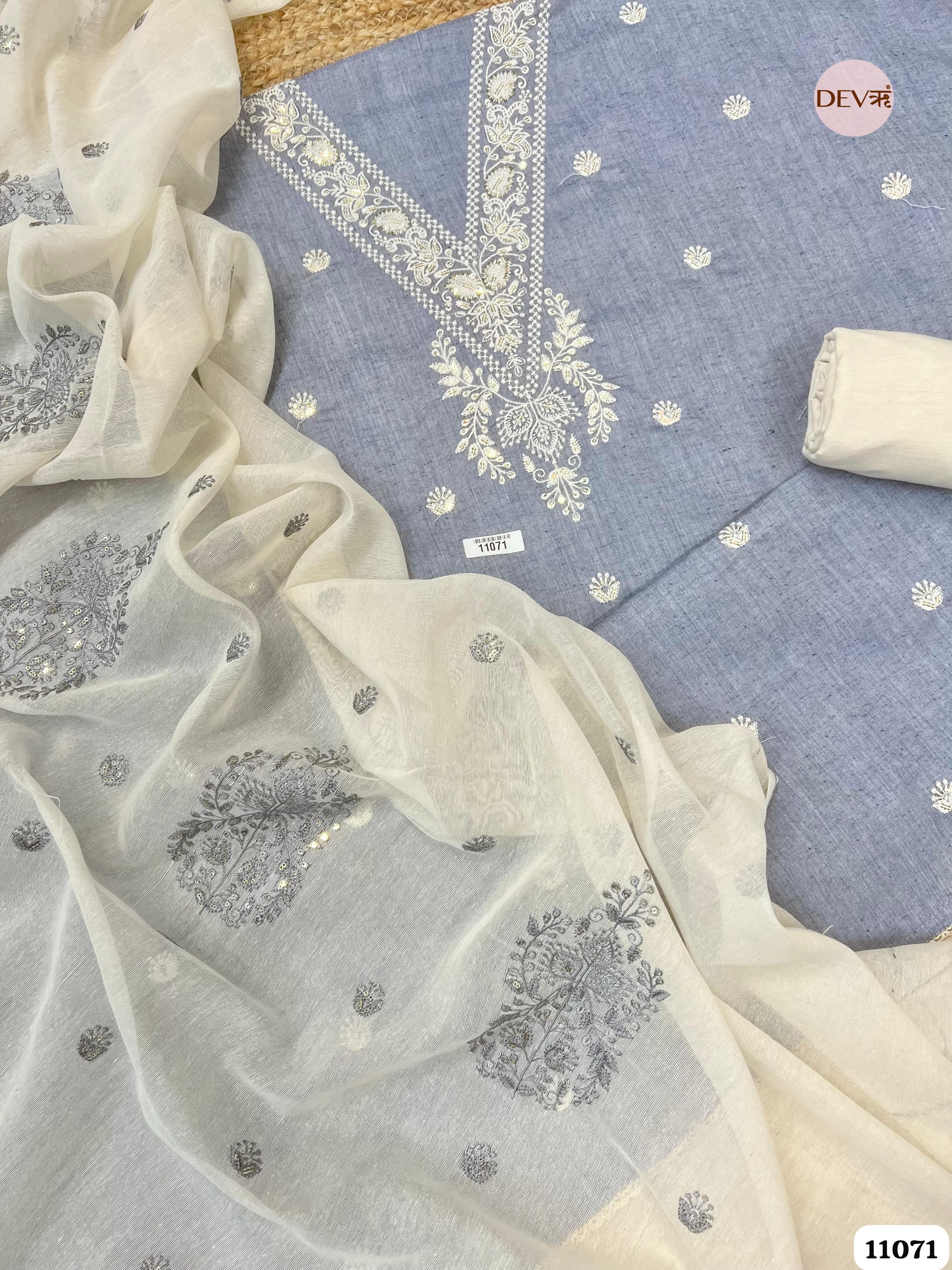 Blue Khadi Cotton Unstitched Embroidered -Set Of 3