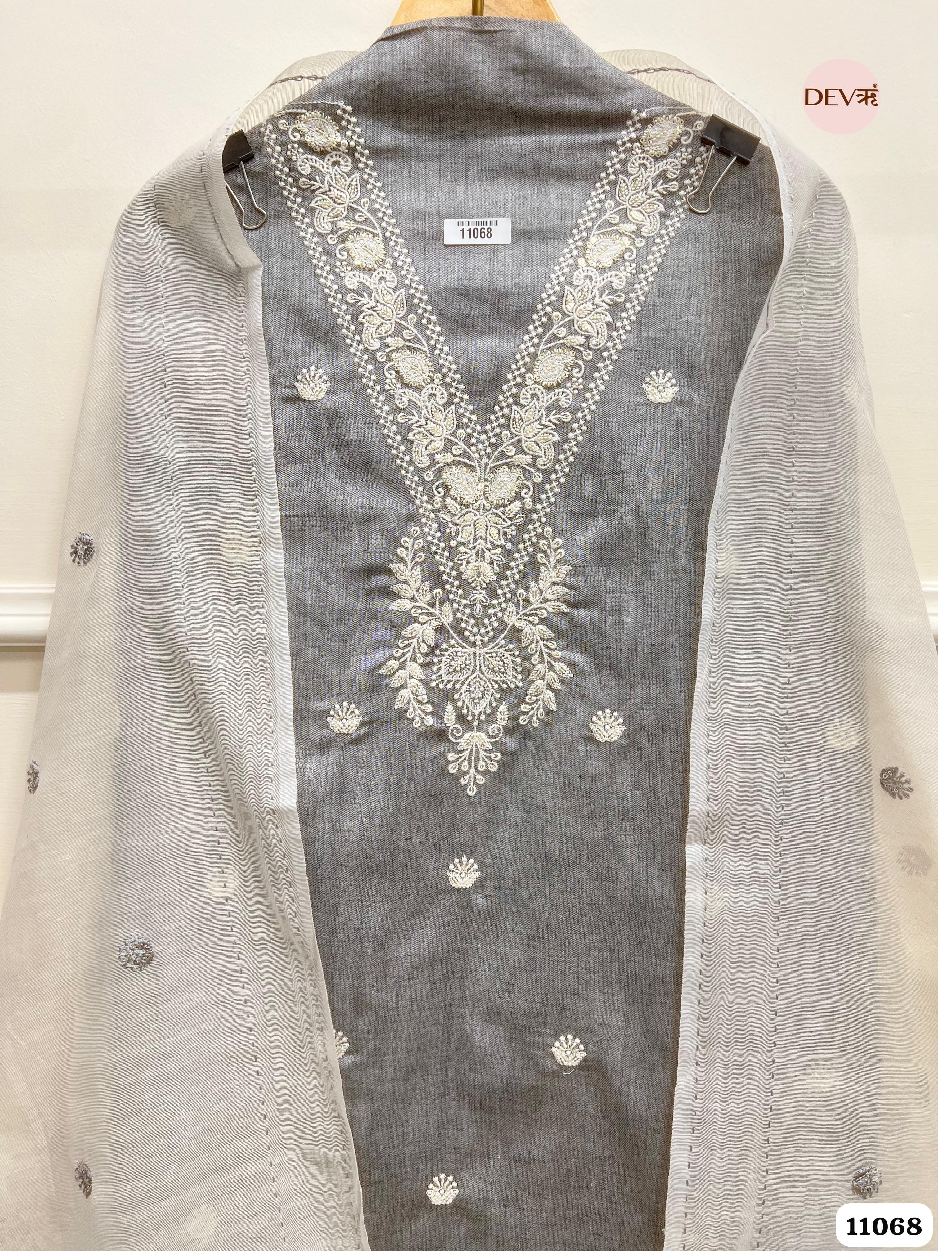 Grey Khadi Cotton Unstitched Embroidered -Set Of 3 {11068}