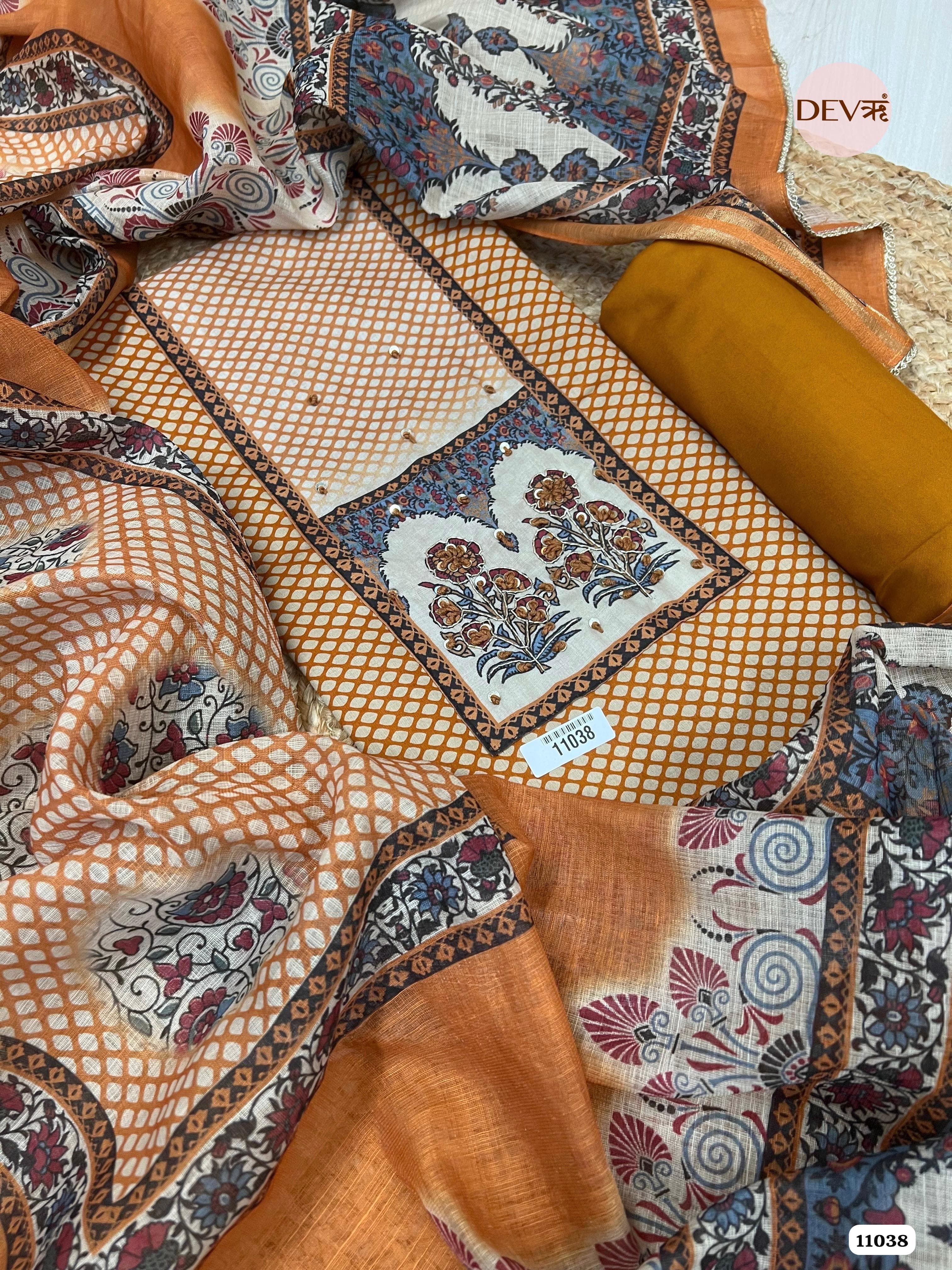 Oange Cotton Unstitched Printed Hand Embroidered -Set Of 3