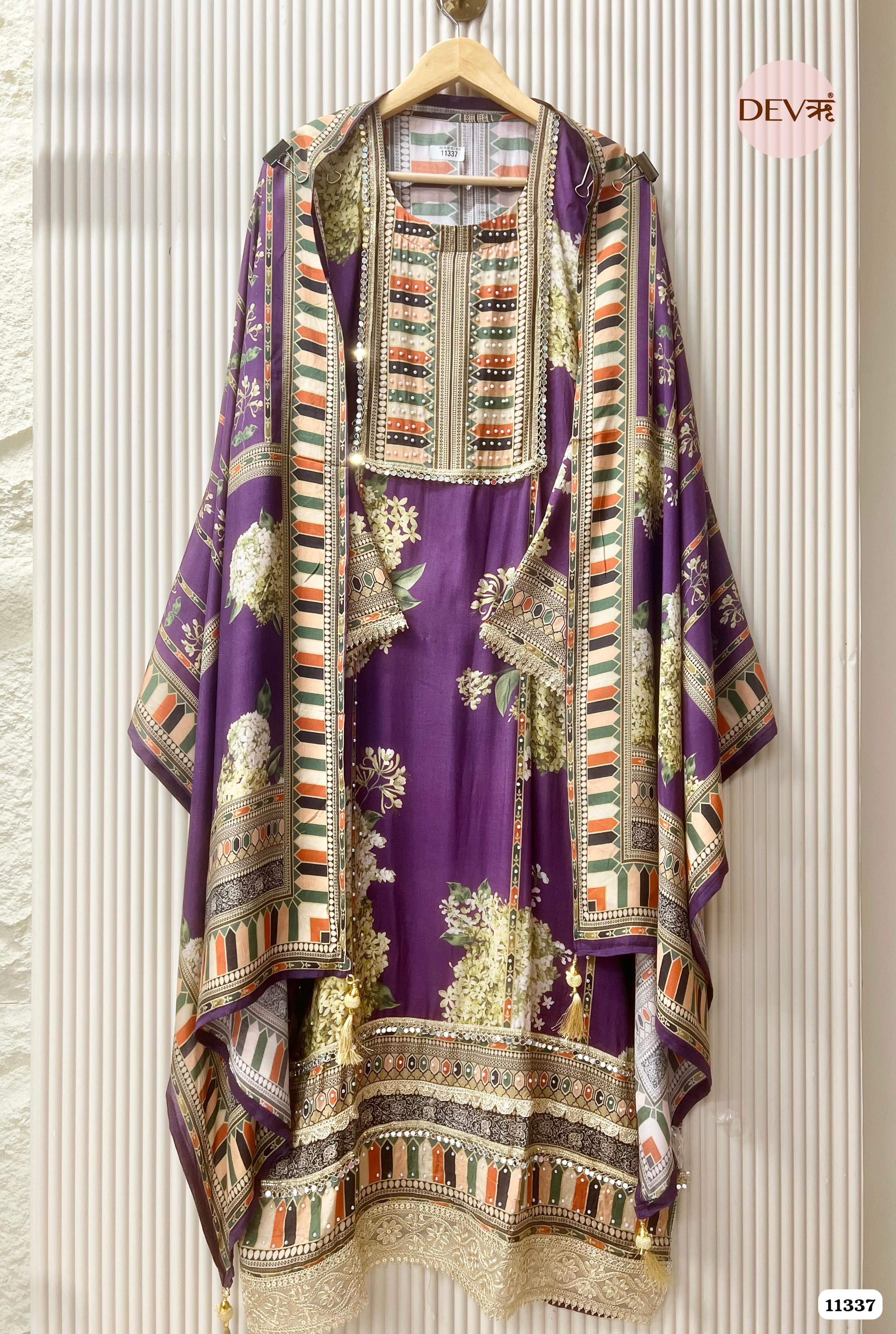 Purple Muslin Semi-Stitched Hand Embroidered -Set Of 3 {11337}