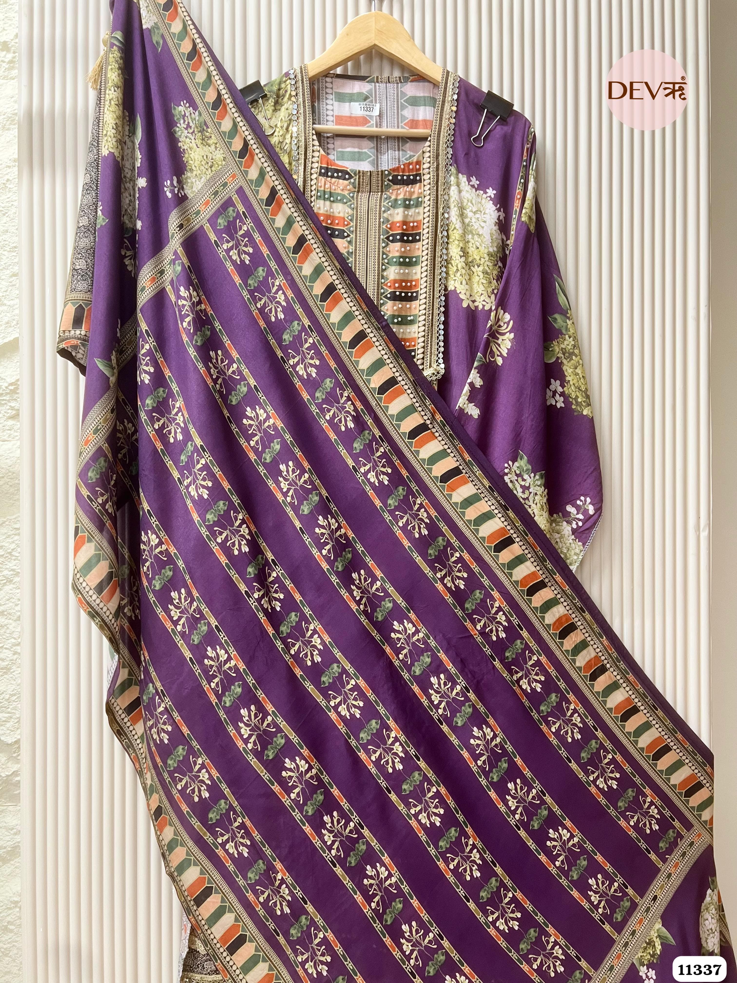 Purple Muslin Semi-Stitched Hand Embroidered -Set Of 3 {11337}